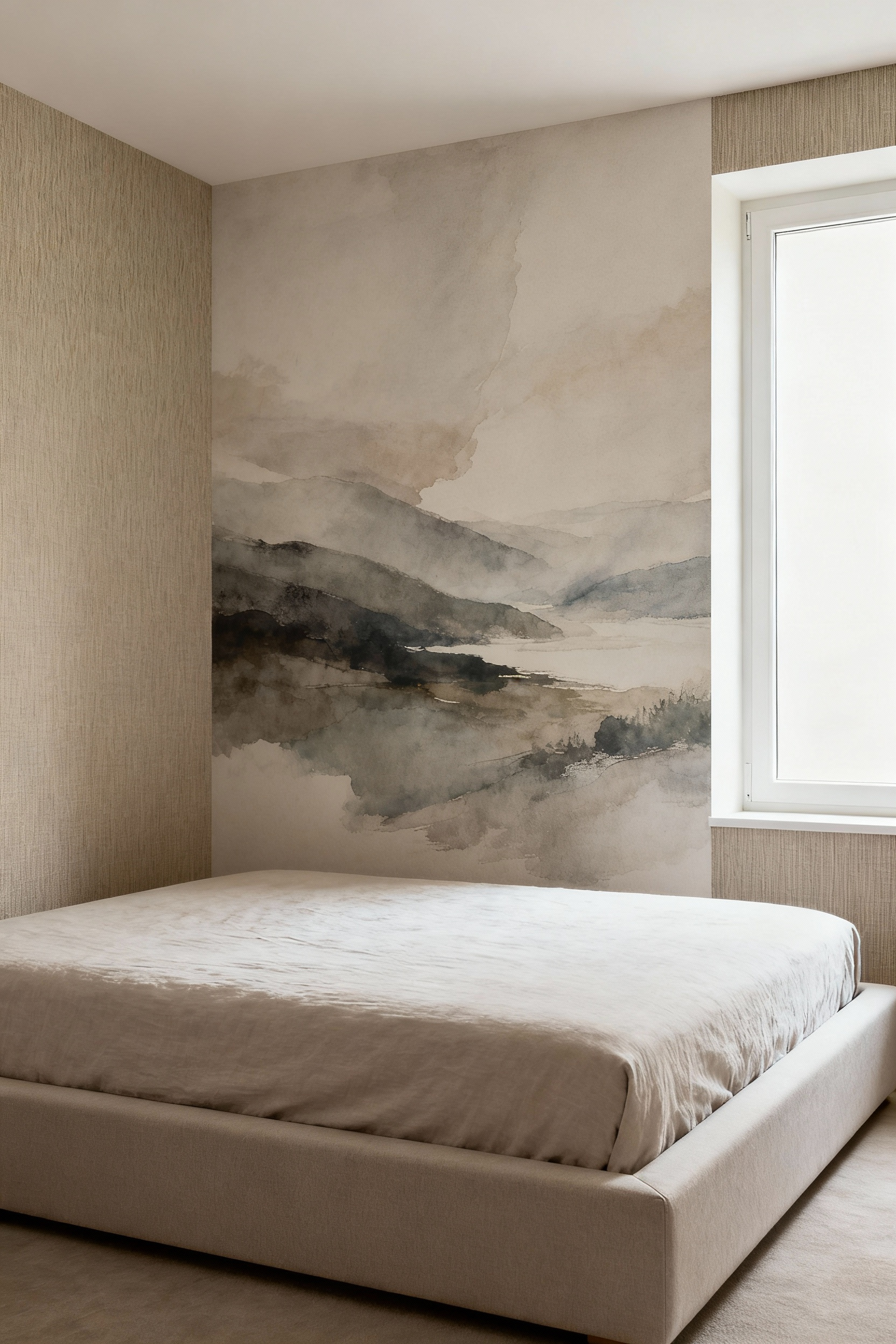 Modern bedroom with a harmonious blend of abstract landscape and textured grasscloth wallpapers, showcasing complementary patterns and textures for a serene atmosphere.