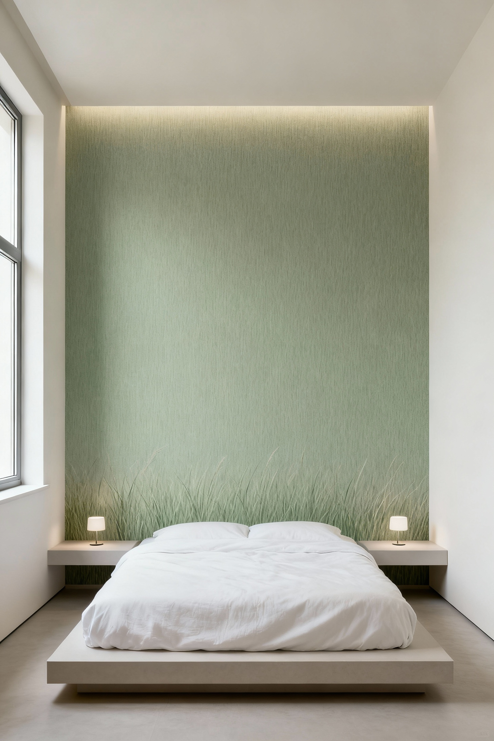 Modern bedroom with a sage green grasscloth textured accent wall behind a minimalist platform bed, illuminated by soft natural light.
