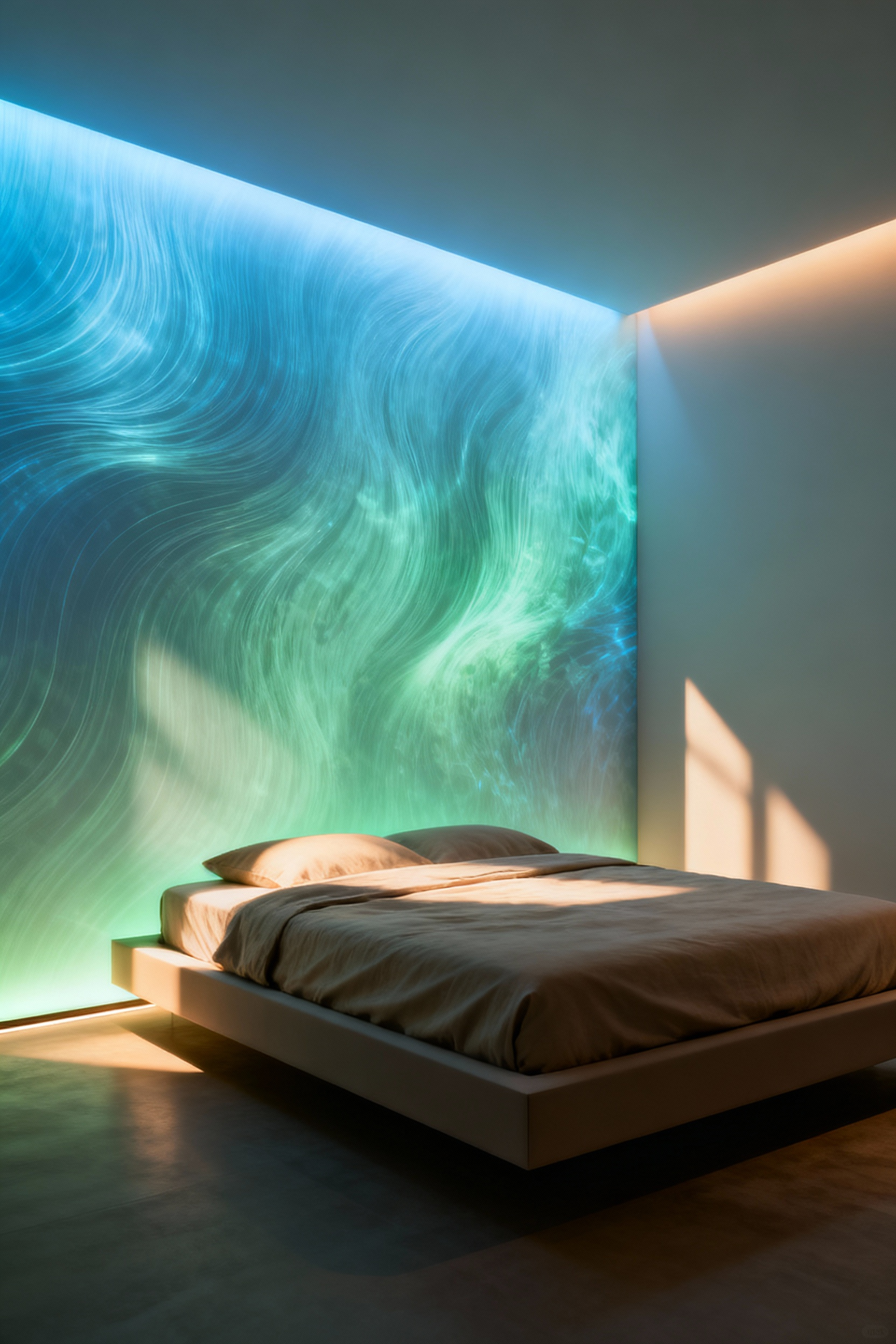 Modern bedroom featuring interactive wallpaper with dynamic biophilic patterns, seamlessly integrated smart home technology, and discreet controls for a tranquil atmosphere.