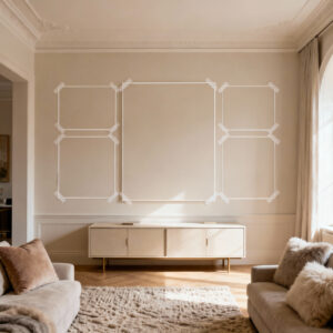 A beautifully staged living room with temporary paper cut-outs outlining potential large art pieces on an empty wall above a sleek console table, demonstrating spatial assessment for wall art.