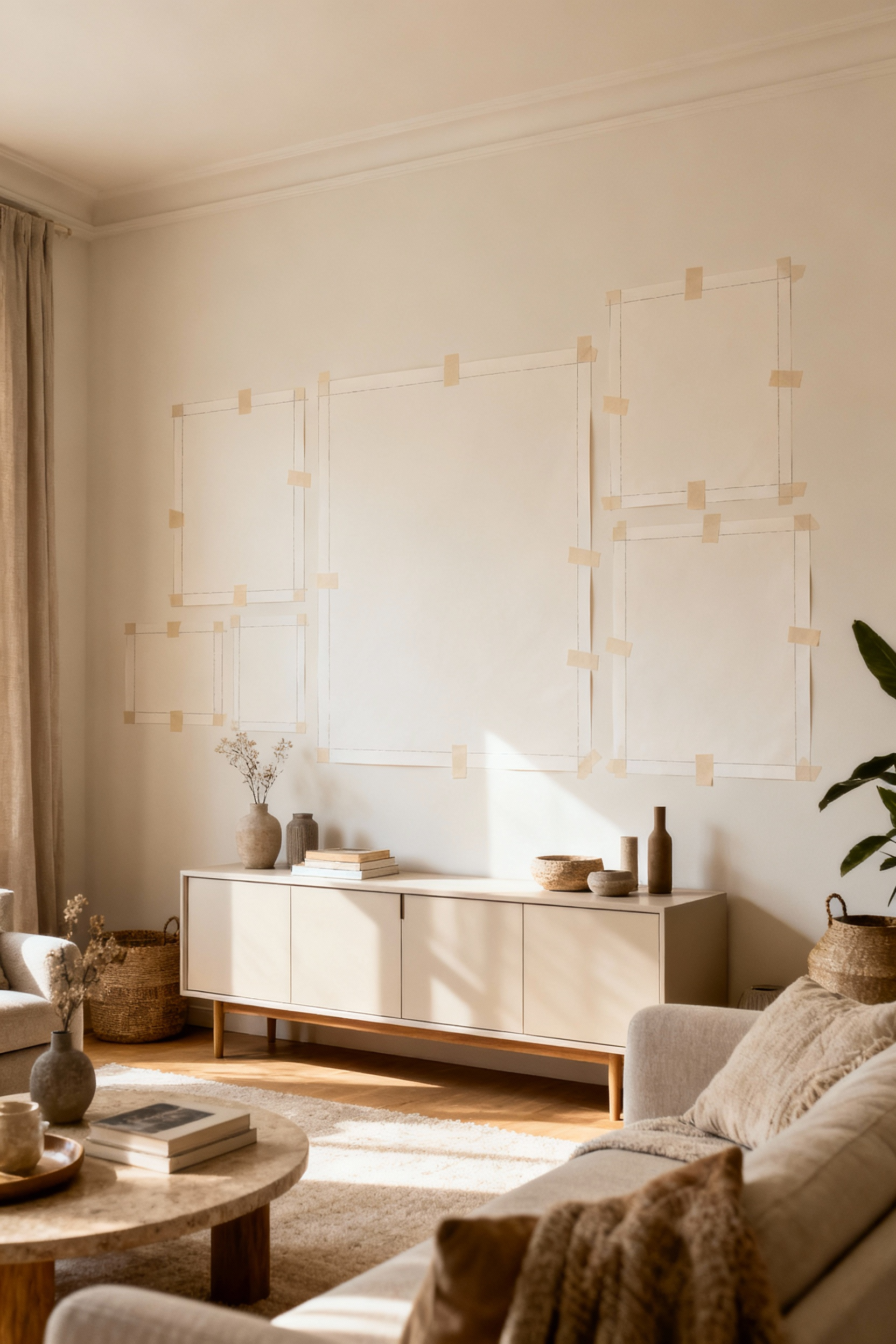 A beautifully staged living room with temporary paper cut-outs outlining potential large art pieces on an empty wall above a sleek console table, demonstrating spatial assessment for wall art.