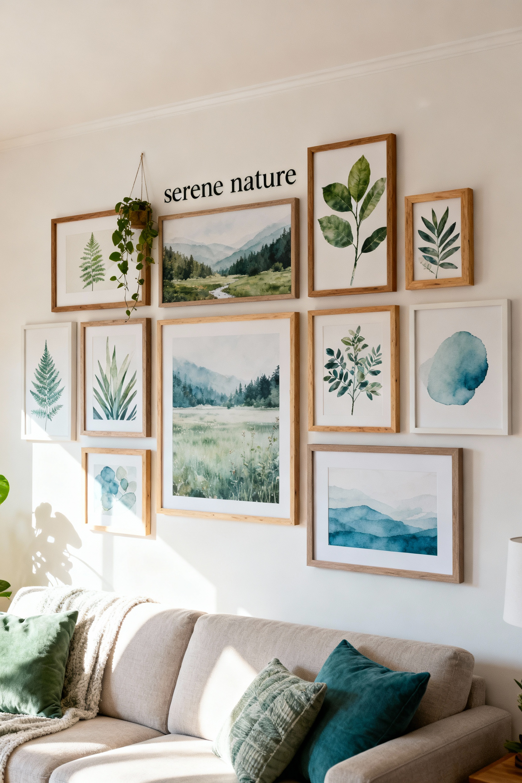 A cozy living room wall showcasing a beautifully curated nature-themed wall art collection with framed prints, photographs, and subtle abstract pieces, creating a harmonious and personal narrative.