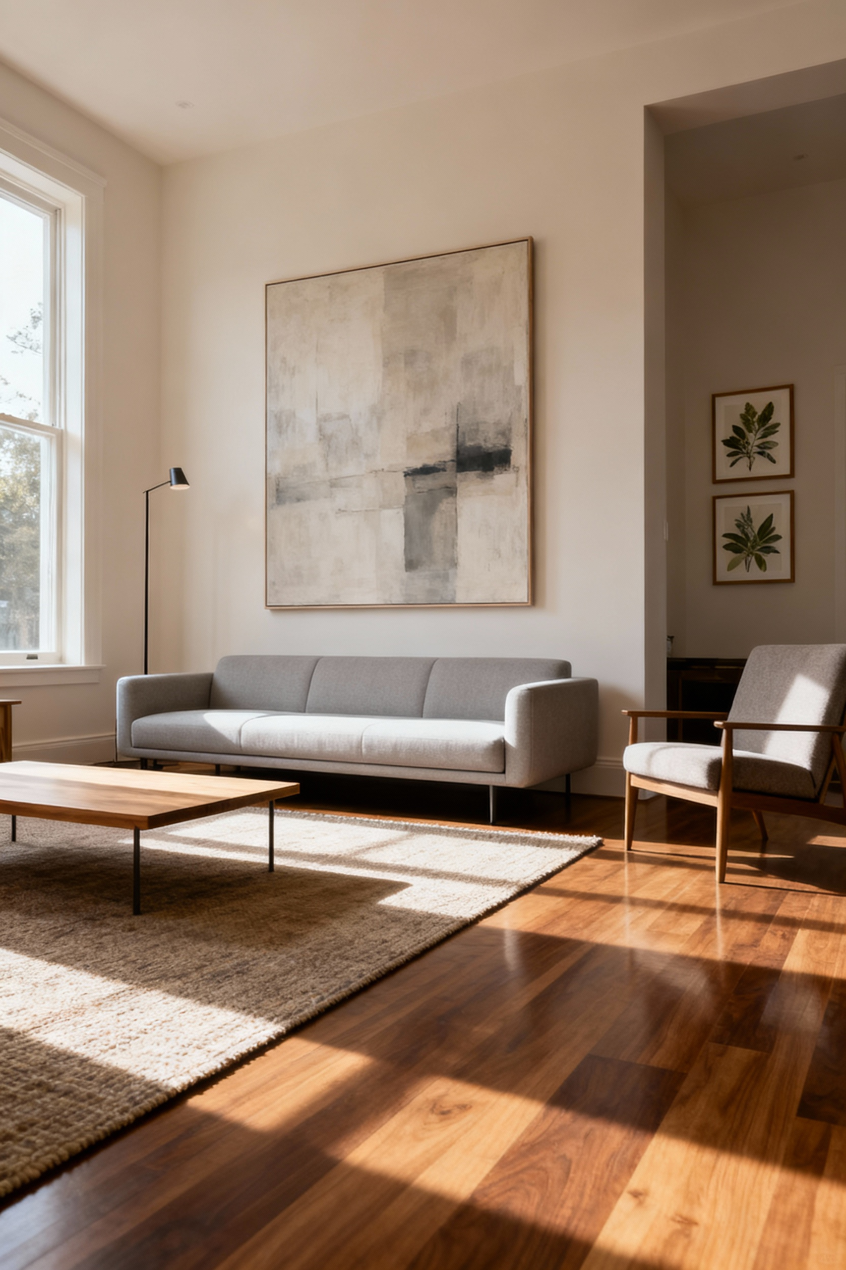 Living room with large abstract art above a sofa and smaller botanical prints defining a reading nook, demonstrating strategic wall art placement for harmonious furniture arrangement and smooth traffic flow.