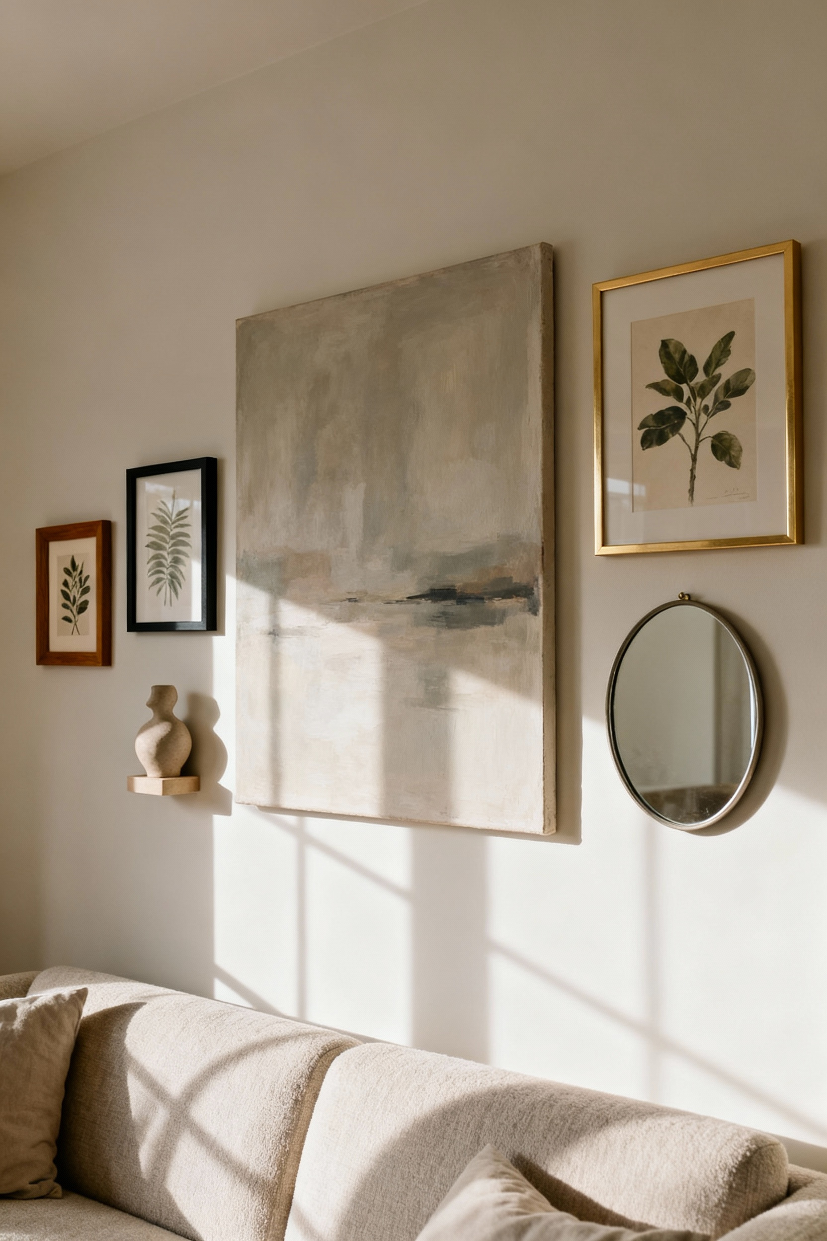 A beautifully arranged asymmetrical gallery wall in a modern living room, featuring a mix of framed art, a mirror, and a sculptural element, creating a dynamic visual flow.