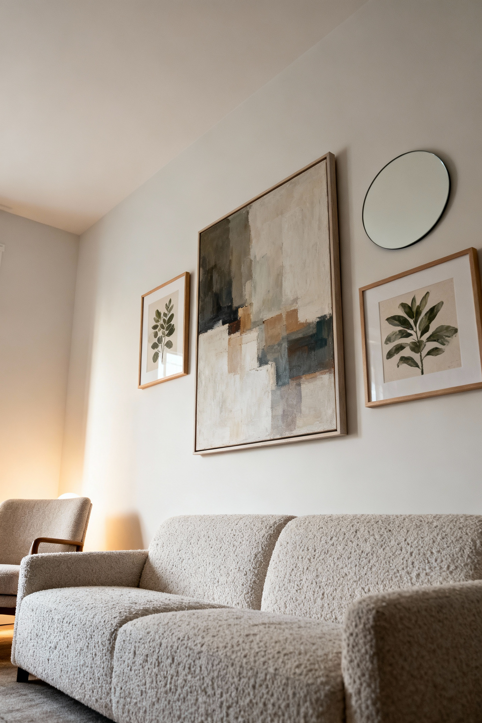 Living room featuring a thoughtfully designed art grouping over a neutral sofa, with varied artwork sizes and styles creating a cohesive visual pathway across the wall, under soft, warm lighting.
