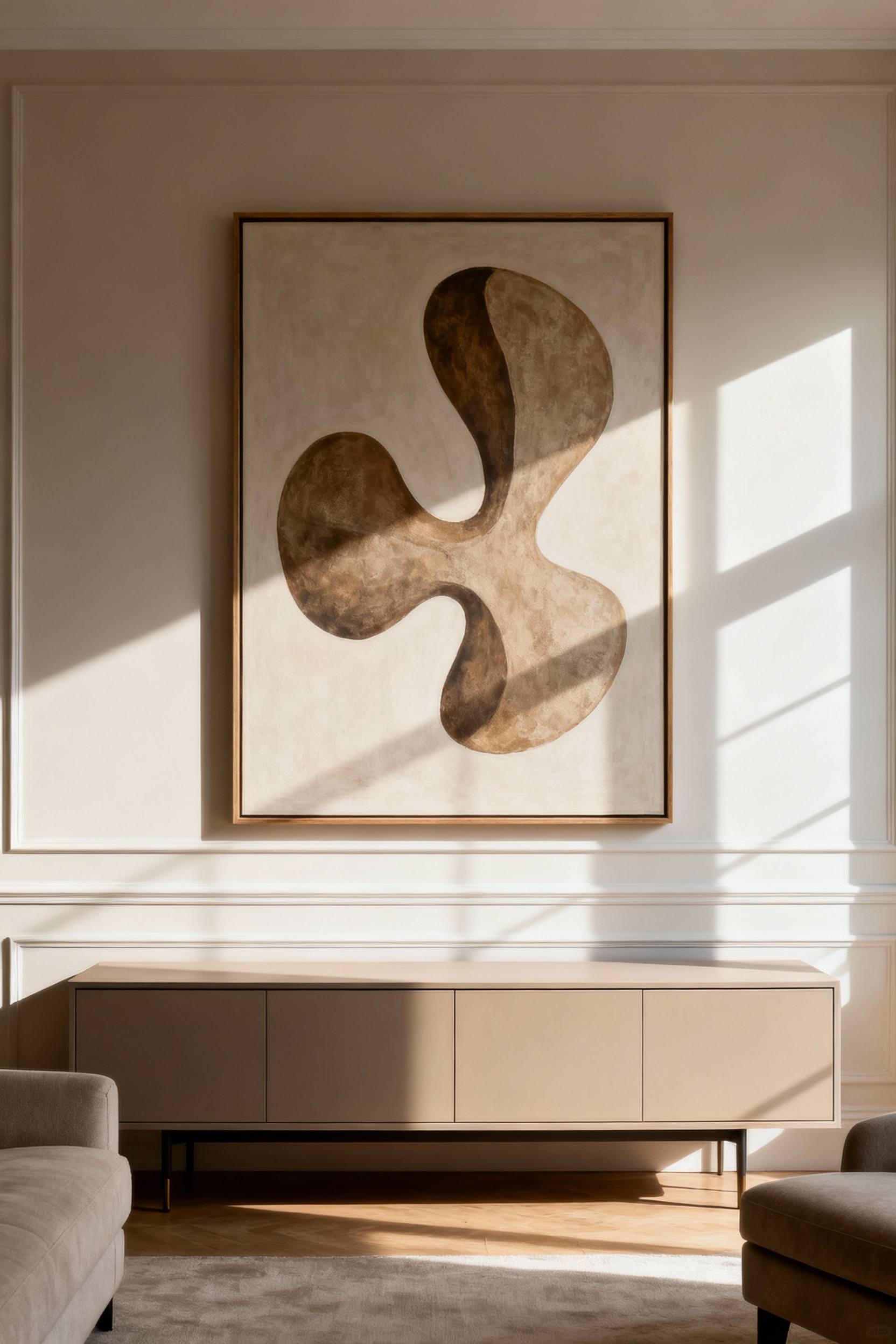 Elegant living room wall displaying a single abstract artwork above a credenza, meticulously placed using the Rule of Thirds for perfect balance and visual appeal.