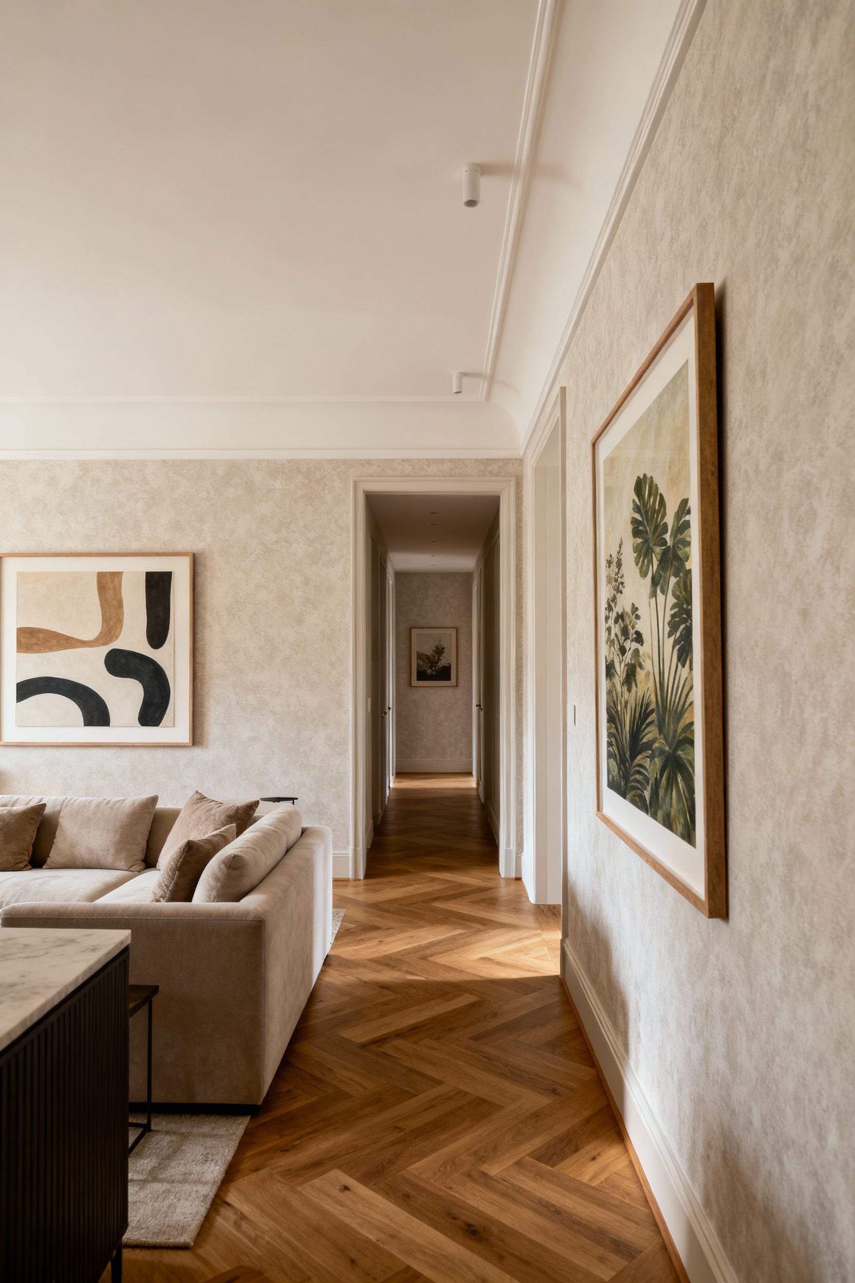 Interior view of an elegantly connected home, showcasing a consistent art narrative flowing from a living room into a hallway, featuring various themed art pieces creating a harmonious aesthetic.