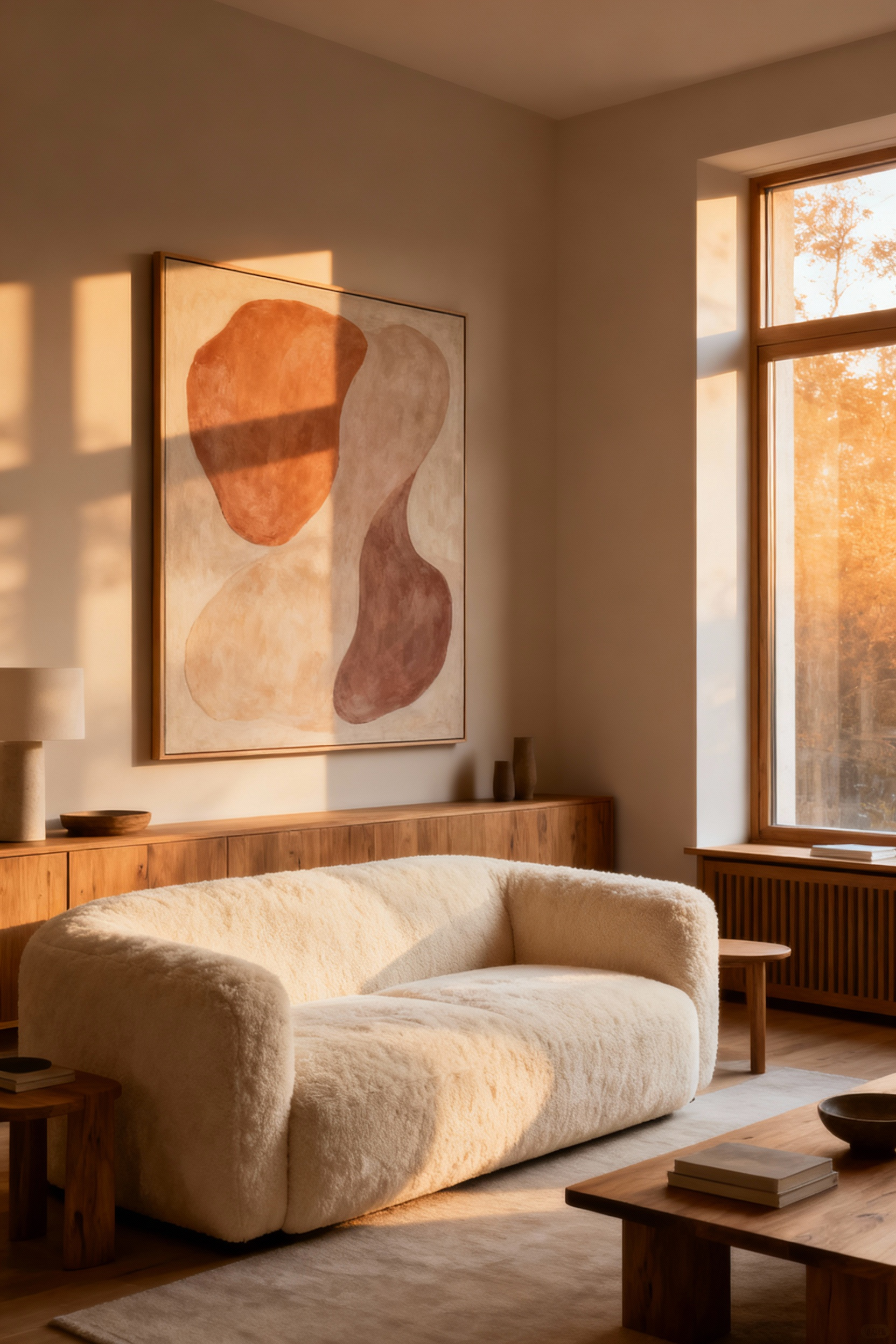 A cozy living room featuring a large abstract wall art piece perfectly scaled above a cream sofa, demonstrating ideal proportion and visual balance for home decor.