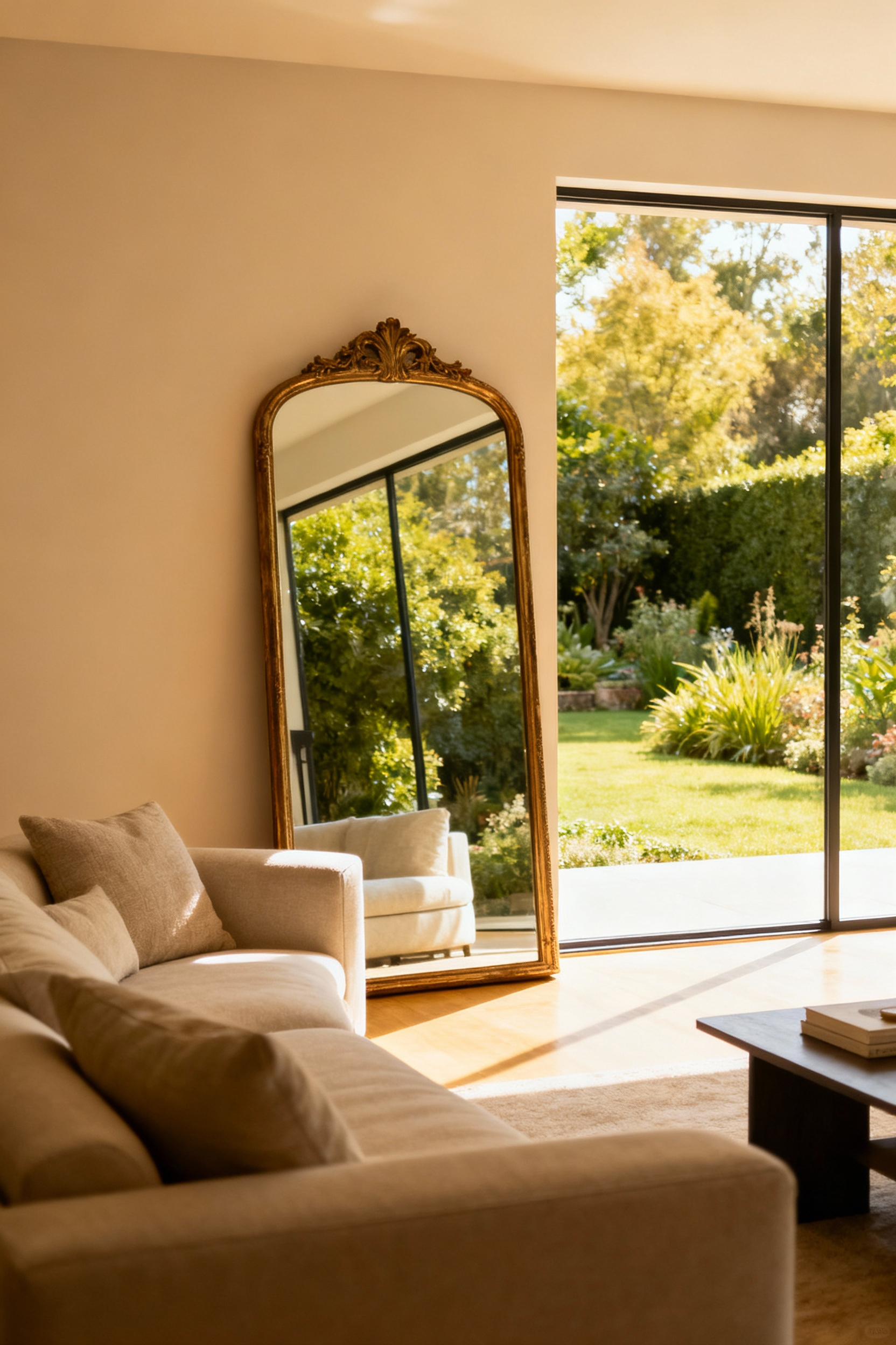 Elegant living room featuring a large mirror opposite a window, reflecting natural light and an outdoor garden to make the space feel larger and brighter. Cozy home decor.