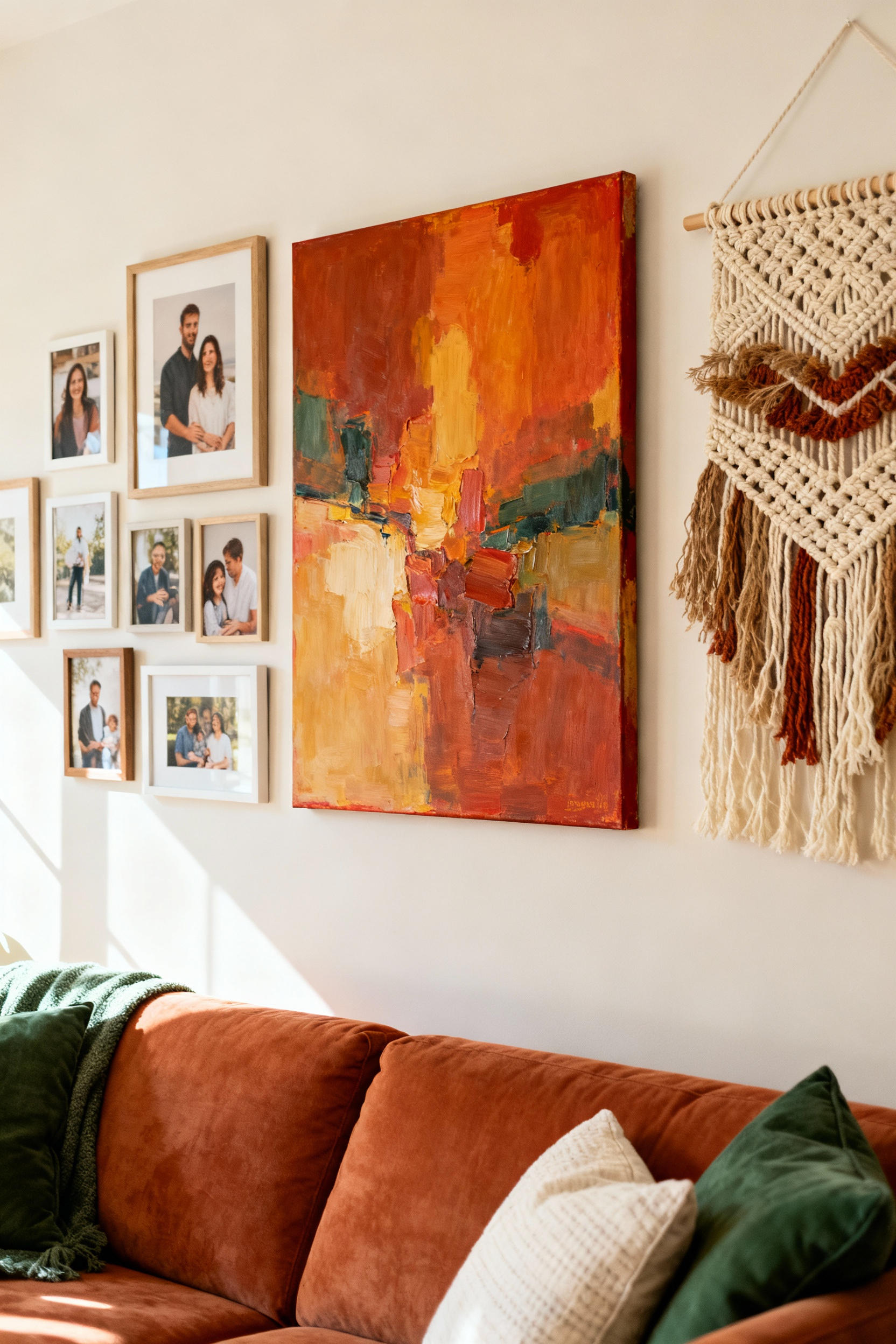 Close-up of a cozy living room wall featuring mixed media art: an abstract painting, framed family photos, and a woven macrame tapestry, all unified by a warm color palette.