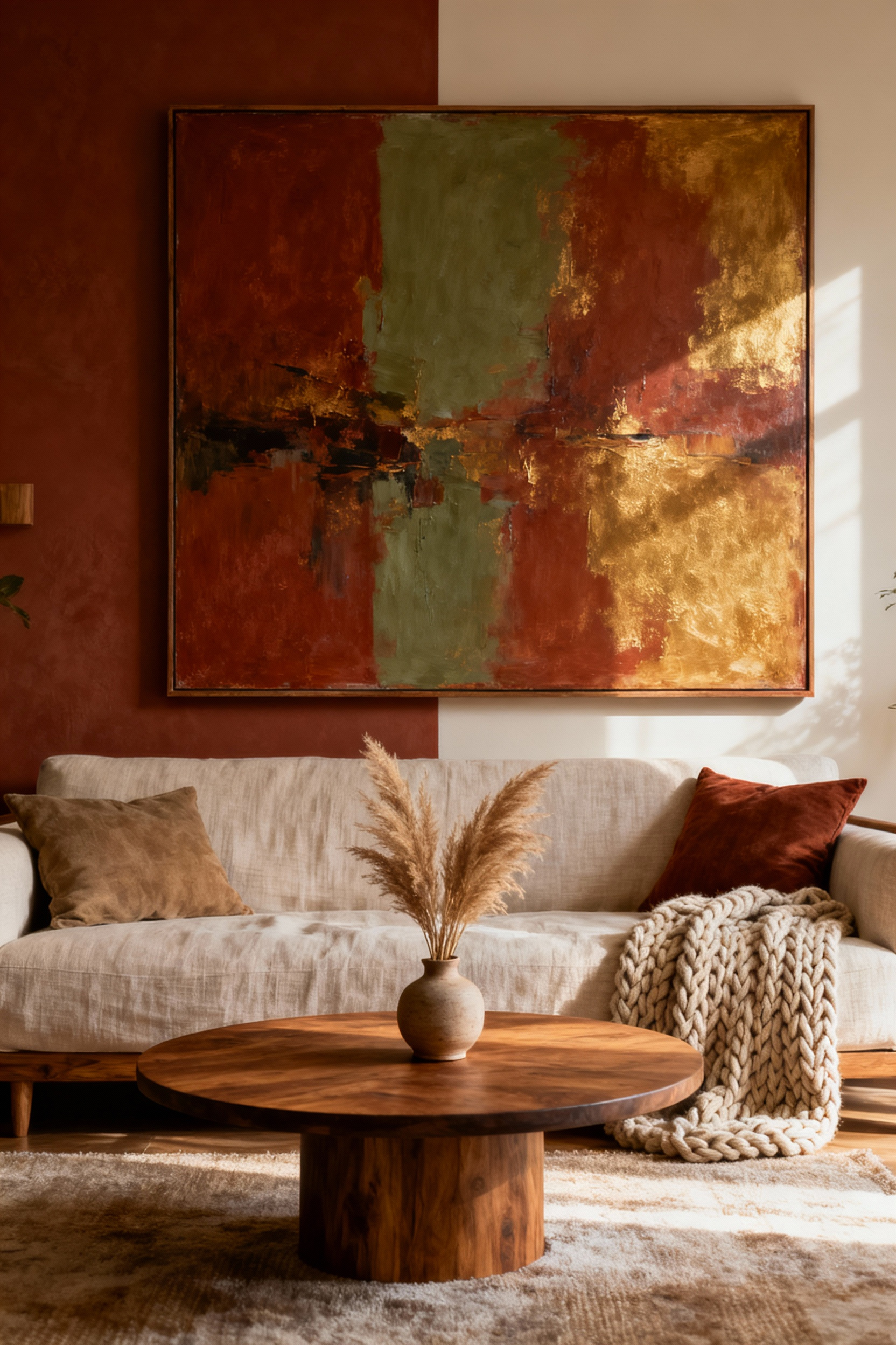 Living room with large abstract art above sofa, serving as a perfectly scaled anchor piece, creating a cozy and harmonious focal point.