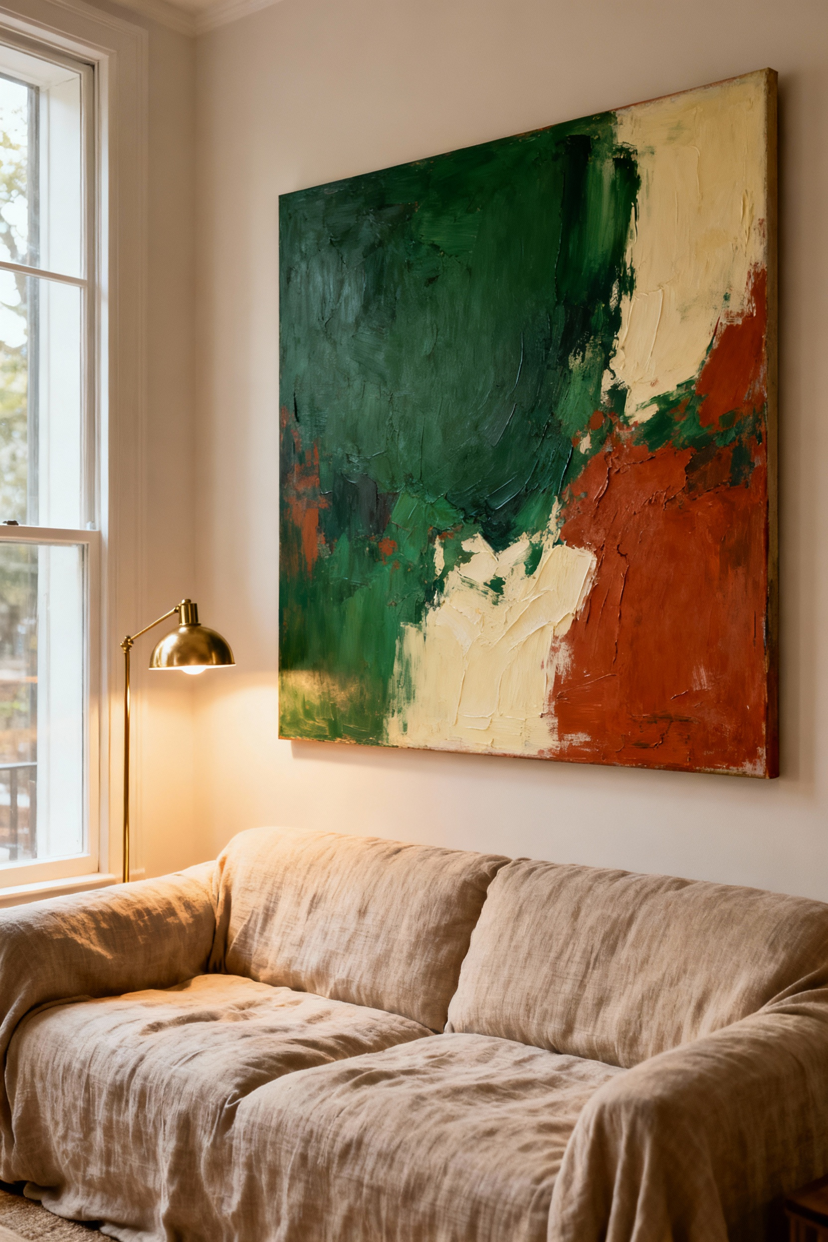 A vibrant custom commissioned abstract painting featuring warm tones hangs prominently above a cozy linen sofa in a warm and inviting living room.