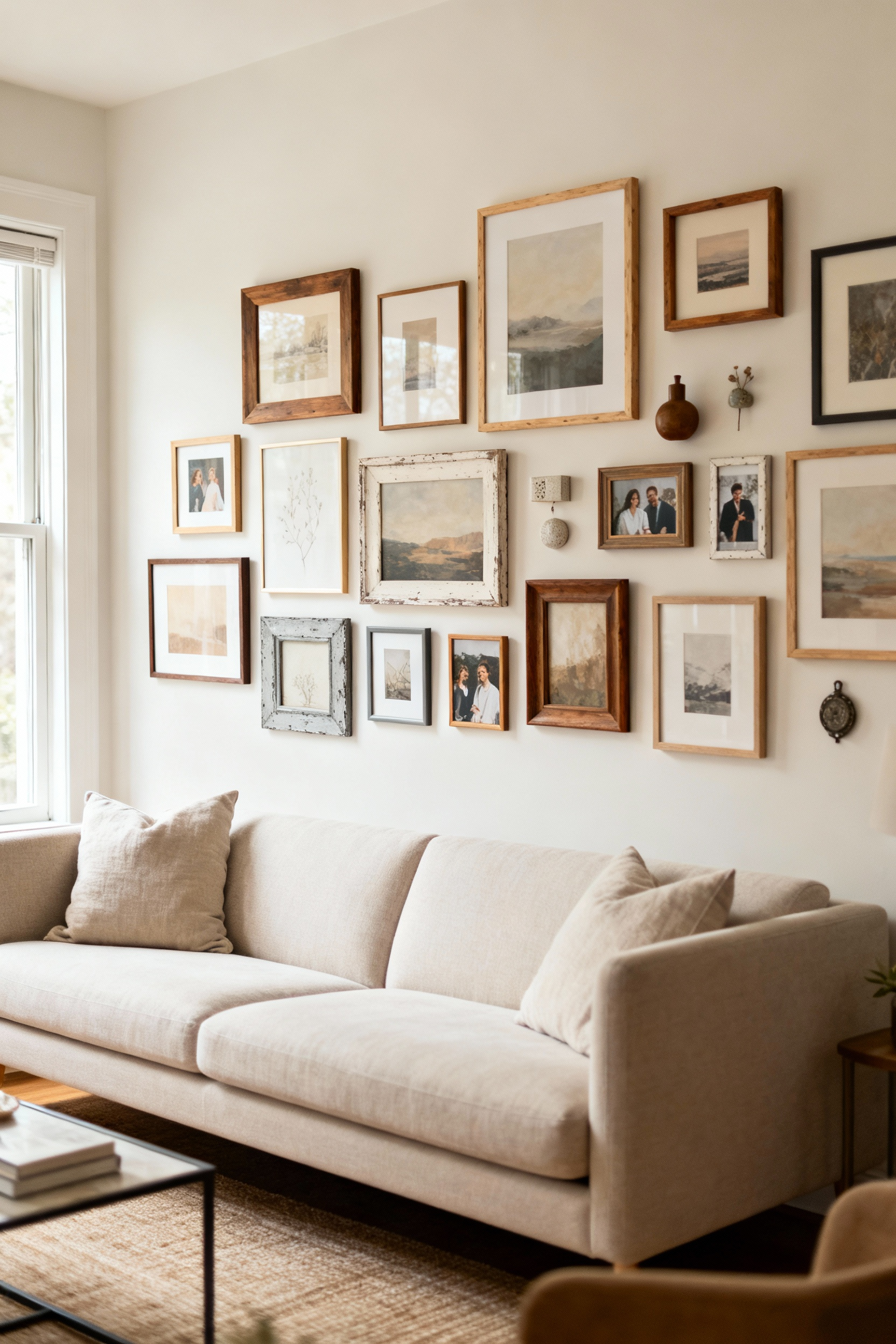 A balanced gallery wall in a cozy living room, showcasing a mix of various art sizes, personal photos, and decorative pieces, framed in diverse materials like wood and metal, arranged on a light-colored wall.