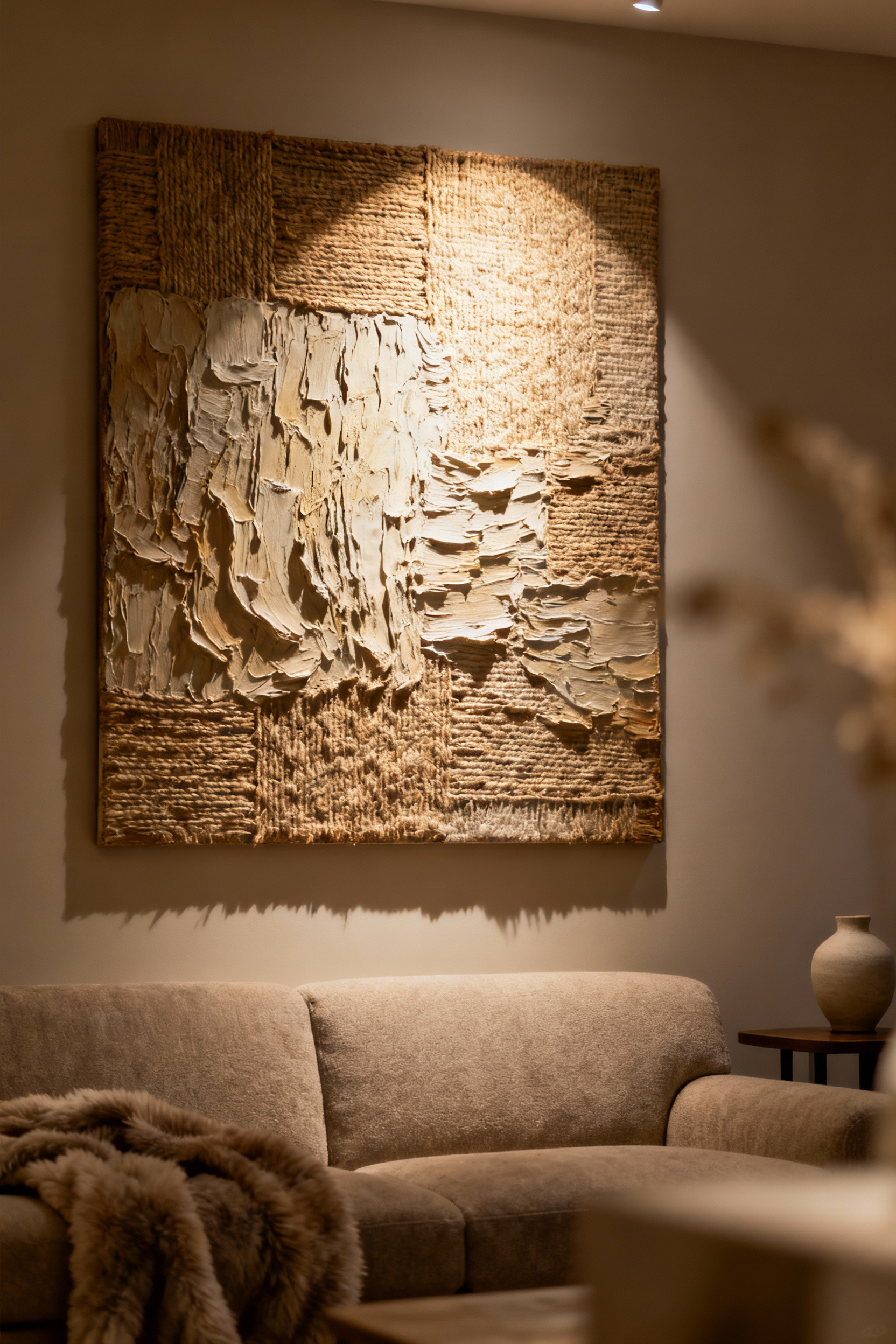 Large abstract woven tapestry art with visible texture above a beige sofa in a cozy living room, illuminated by a picture light. Textured wall art adding depth to the room.