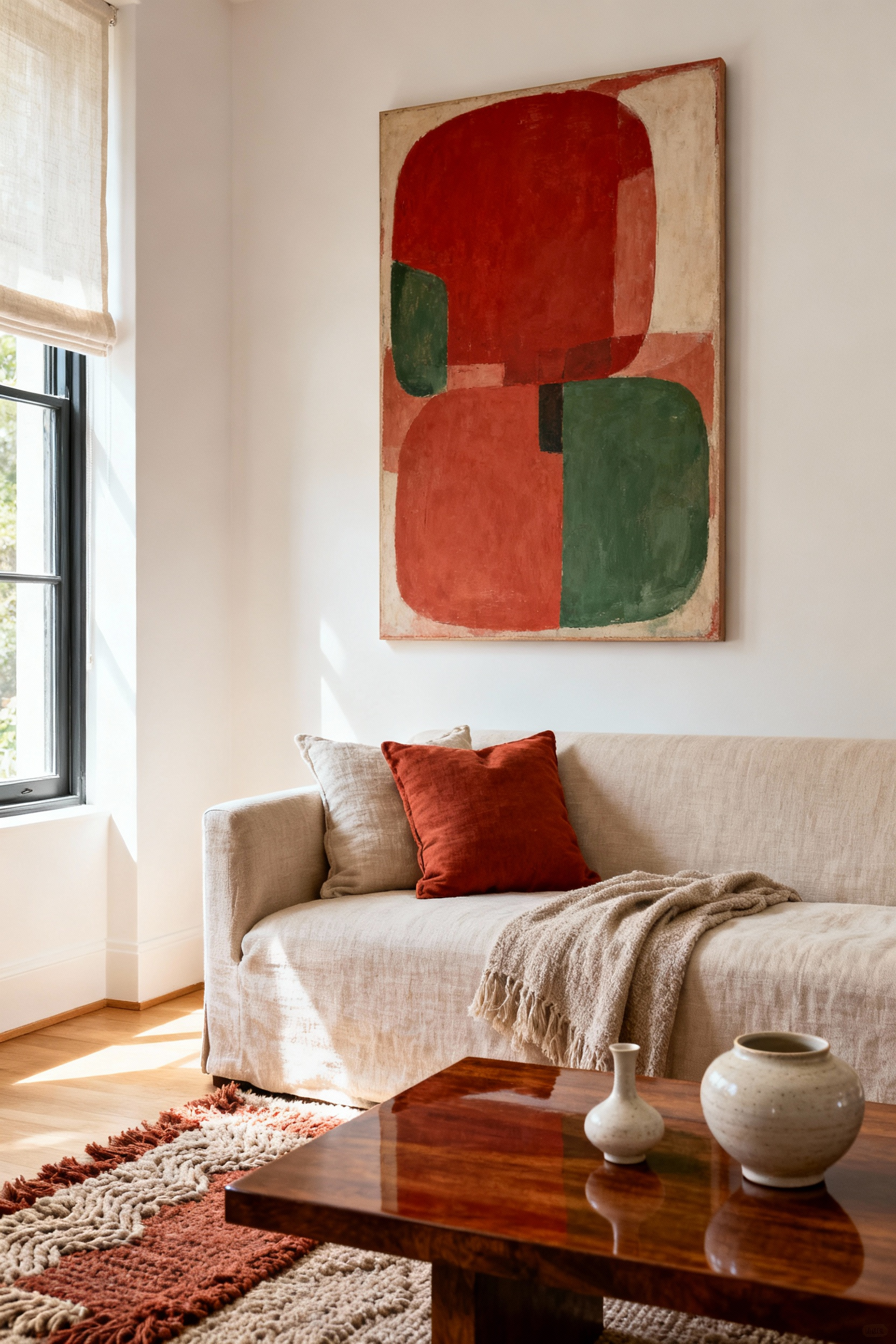 A cozy living room with a large abstract wall art featuring earthy reds, terracotta, and soft greens, perfectly harmonizing with the neutral sofa, soft rug, and warm natural light, creating a serene and inviting atmosphere.