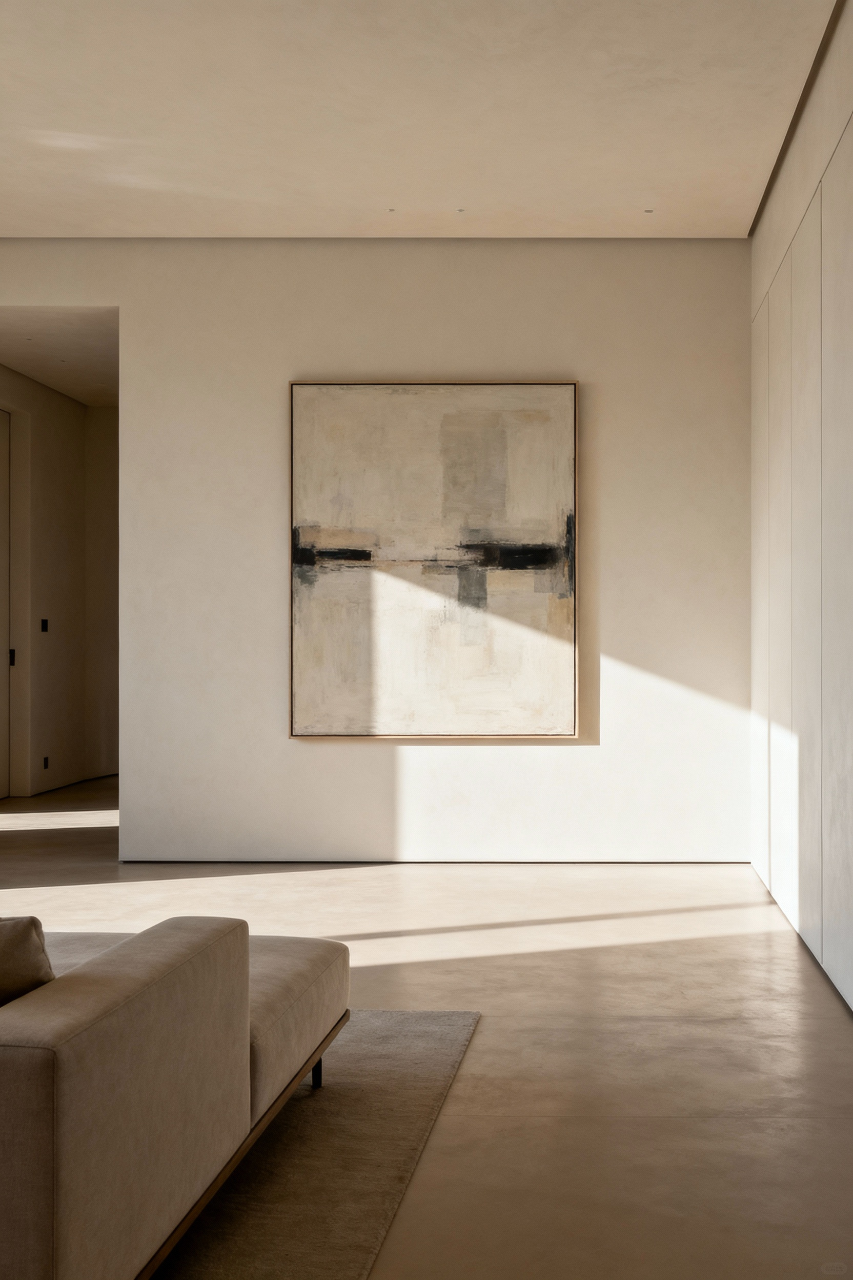 A modern living room featuring a large, abstract painting on a light wall, surrounded by significant negative space, evoking calm and intentional design. A neutral sofa sits below, enhancing the sense of tranquility and focus on the art.