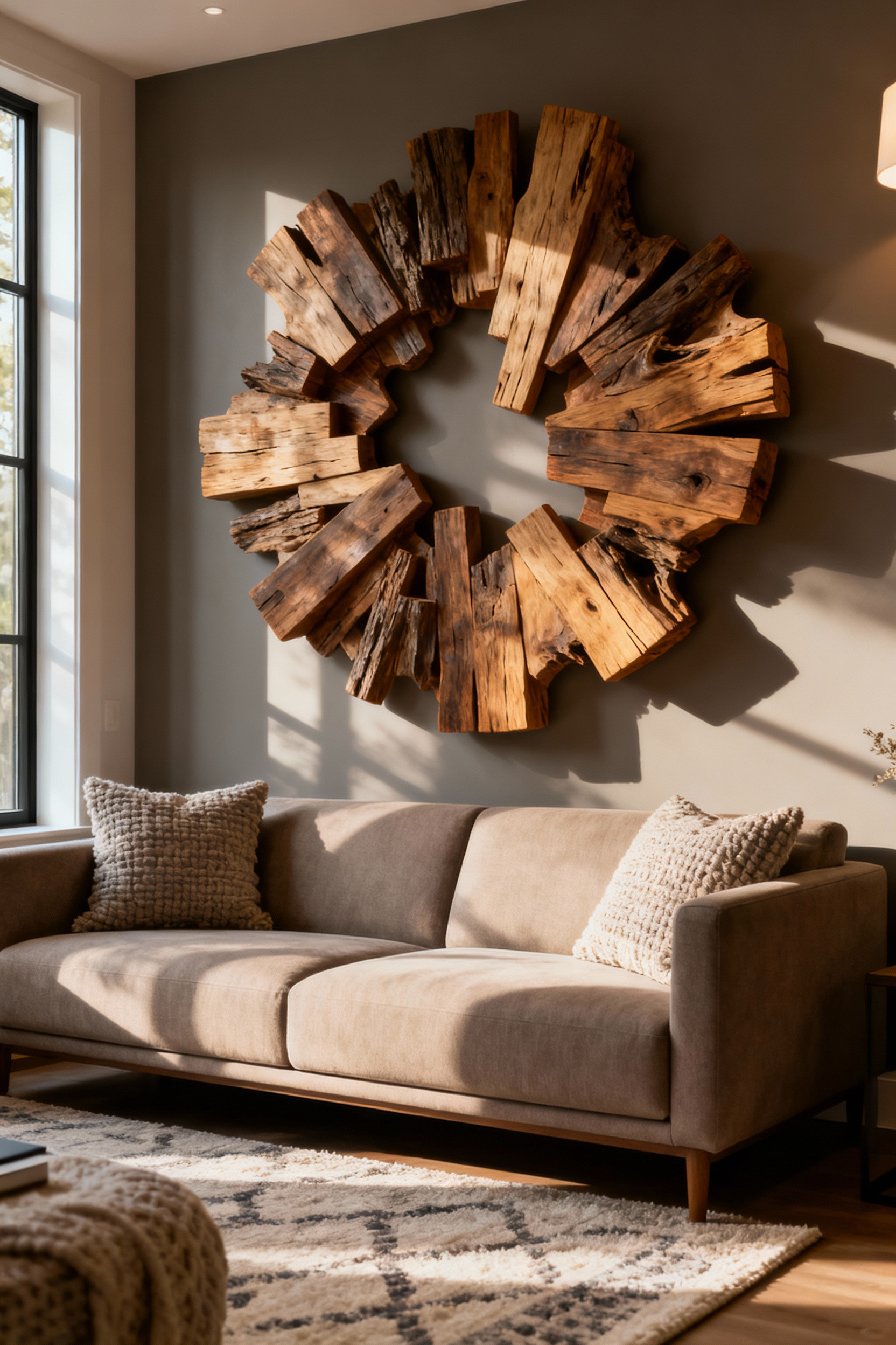 Cozy living room featuring a large, artistic reclaimed wood wall sculpture above a sofa, enhancing three-dimensional visual impact and texture.