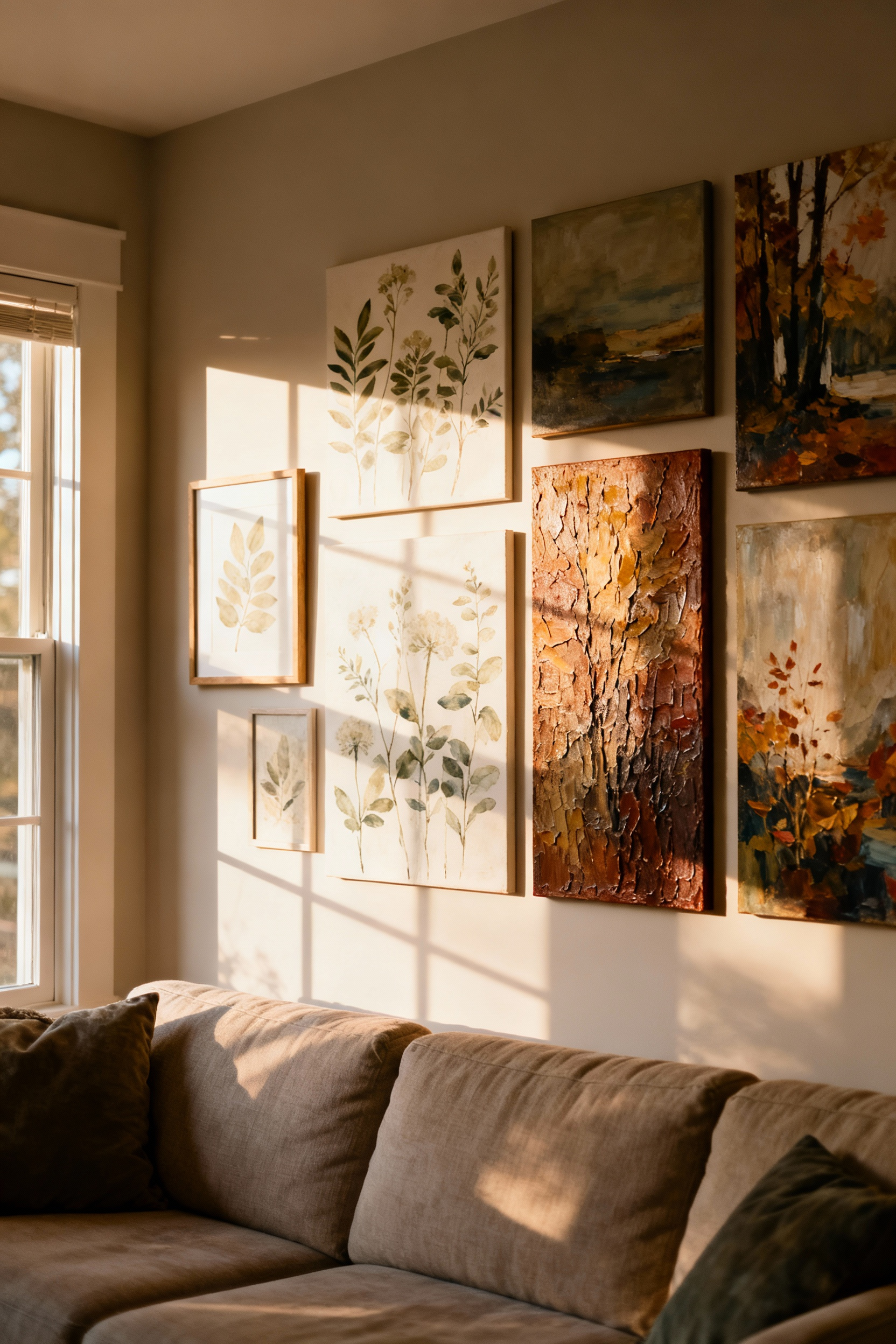 A portrait image of a cozy living room wall showcasing an evolving wall art collection, with a blend of botanical prints and textured abstract pieces under warm natural light.
