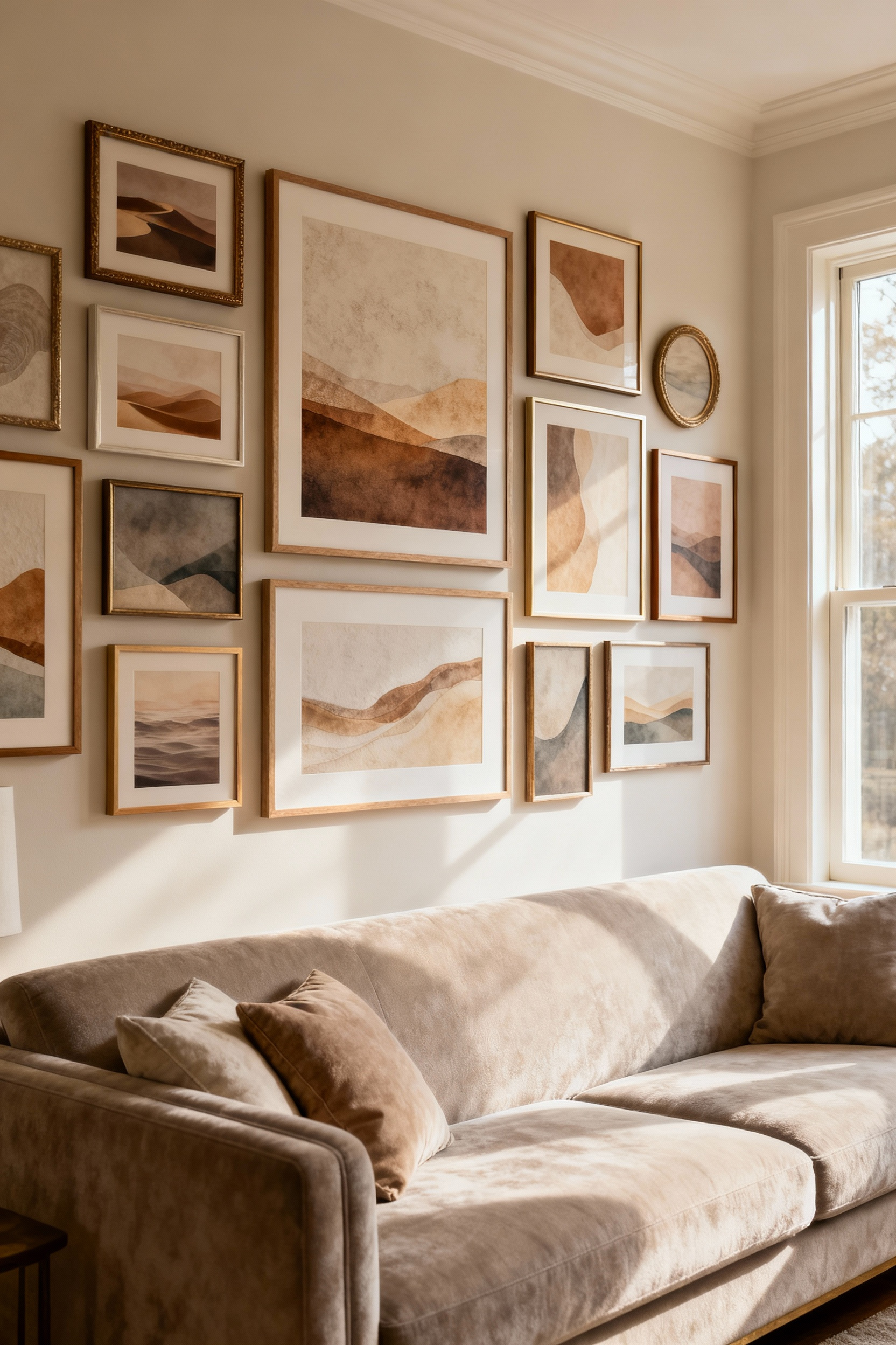 A beautifully arranged gallery wall in a serene living room, featuring diverse framed digital art prints in harmonious colors and textures, illustrating customizable and affordable wall art options.