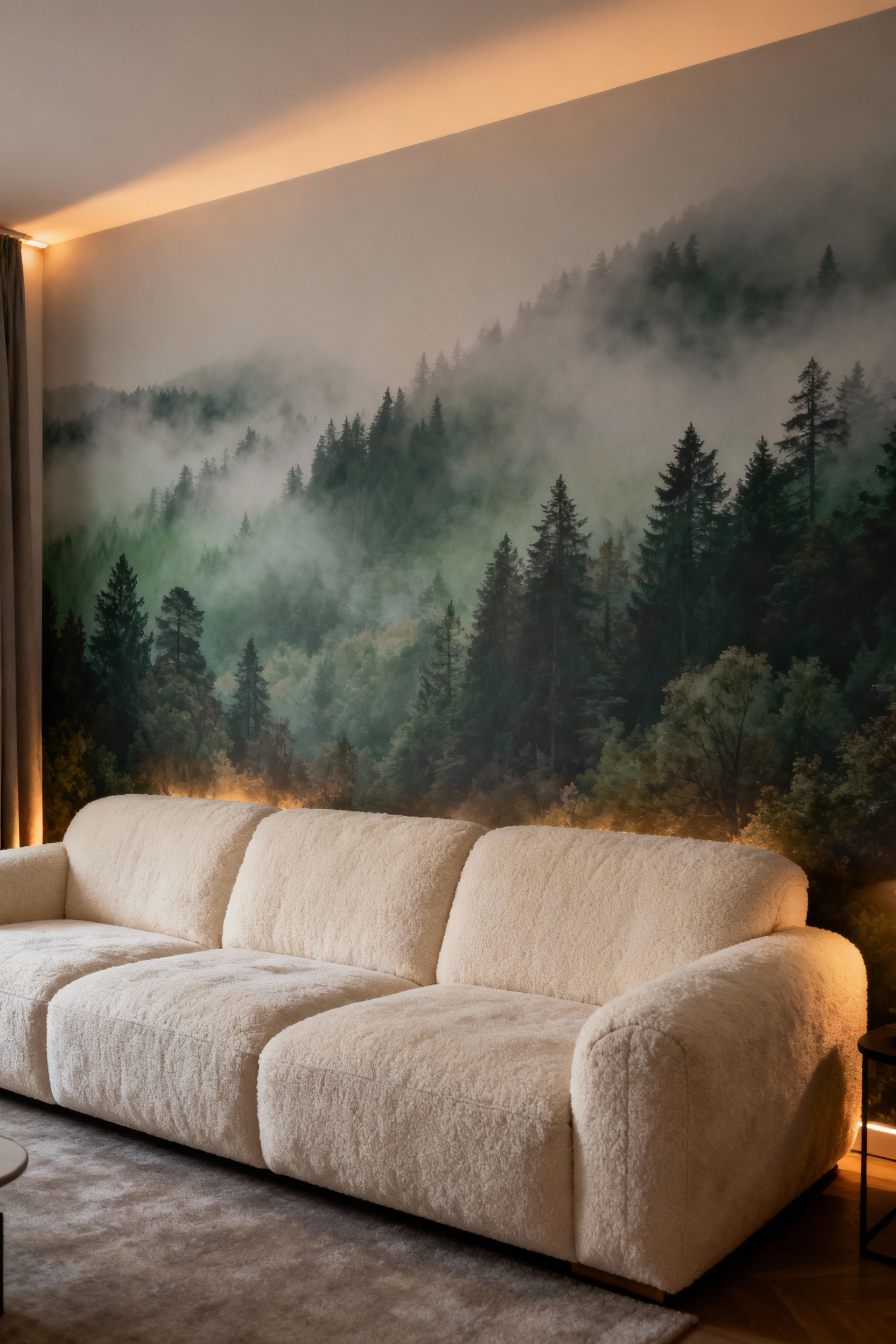 Cozy living room with a large-scale landscape mural creating a stunning focal point wall behind a sofa, featuring soft greens and grays, under inviting accent lighting.