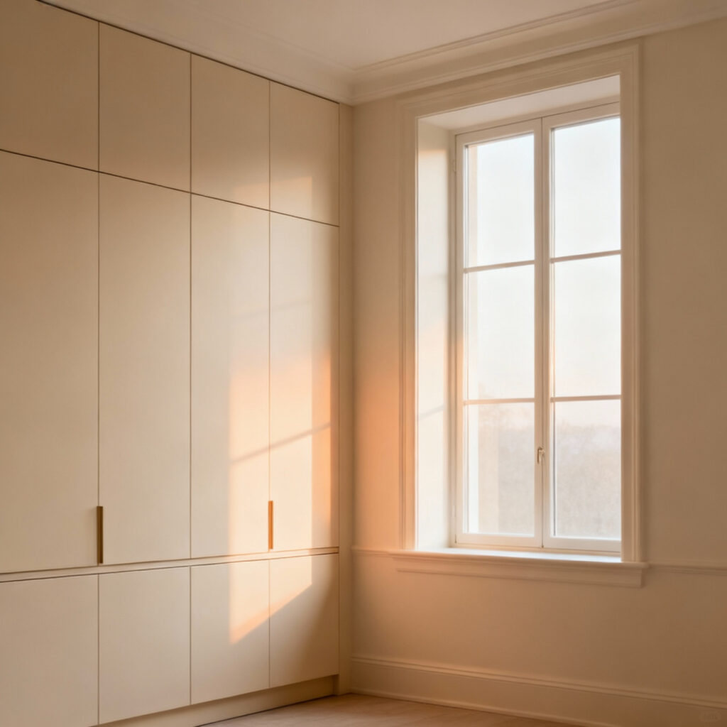 Elegant beige kitchen with warm natural light, demonstrating various beige undertones on cabinets and walls for a serene ambiance.