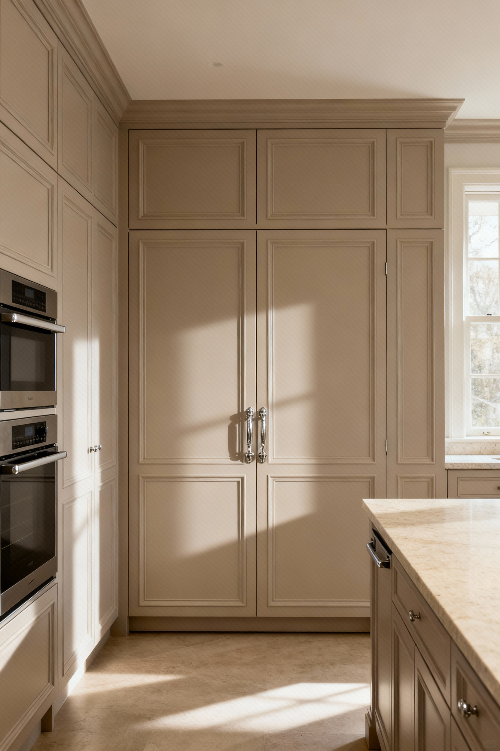 Luxurious custom beige millwork in a modern kitchen with integrated appliances, showcasing tailored storage and a serene aesthetic.