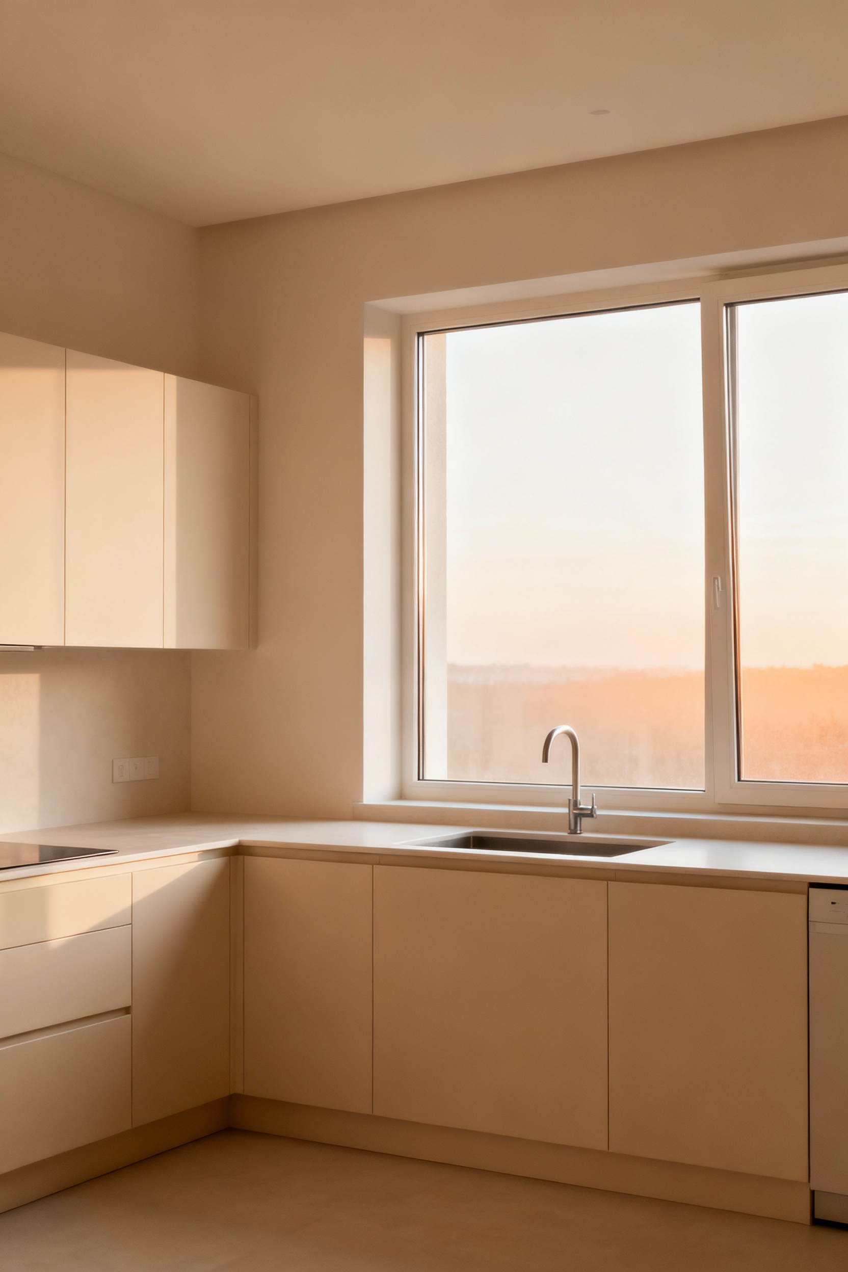 Elegant beige kitchen with warm natural light, demonstrating various beige undertones on cabinets and walls for a serene ambiance.