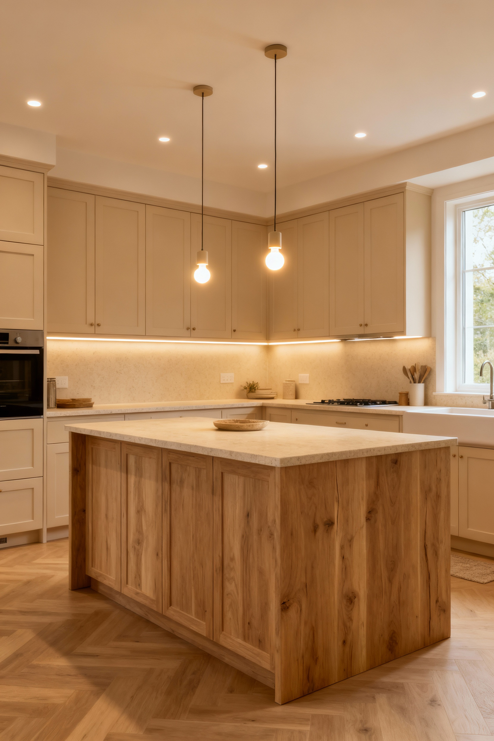 Beige kitchen with layered lighting featuring recessed lights, under-cabinet strips, and island pendants, all enhancing the warm beige tones.