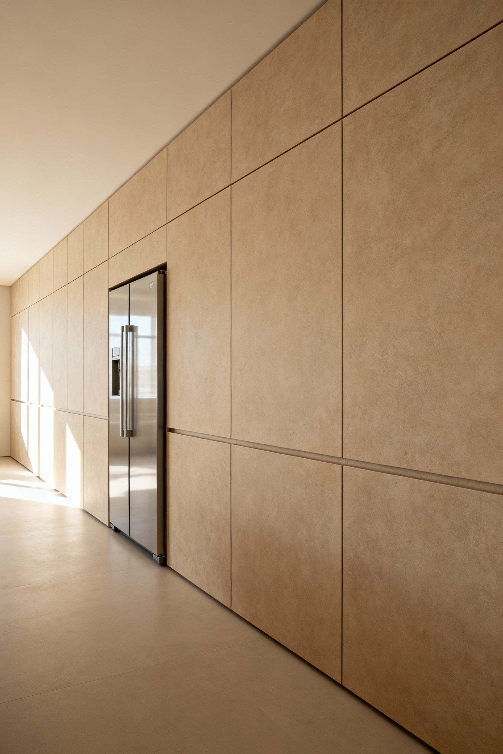 A contemporary beige kitchen featuring fully integrated, panel-ready high-end appliances concealed behind matching beige cabinetry, creating a seamless and sophisticated design.