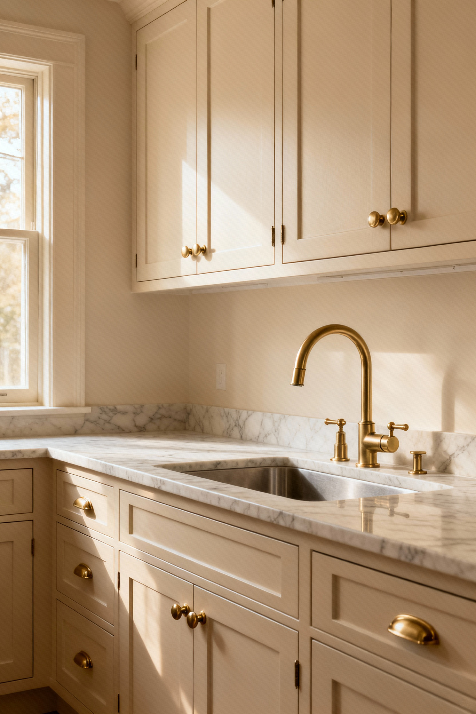 A professional shot of a beige kitchen with Shaker cabinets featuring elegant brushed brass pulls and a matching faucet, showcasing timeless design and warmth.