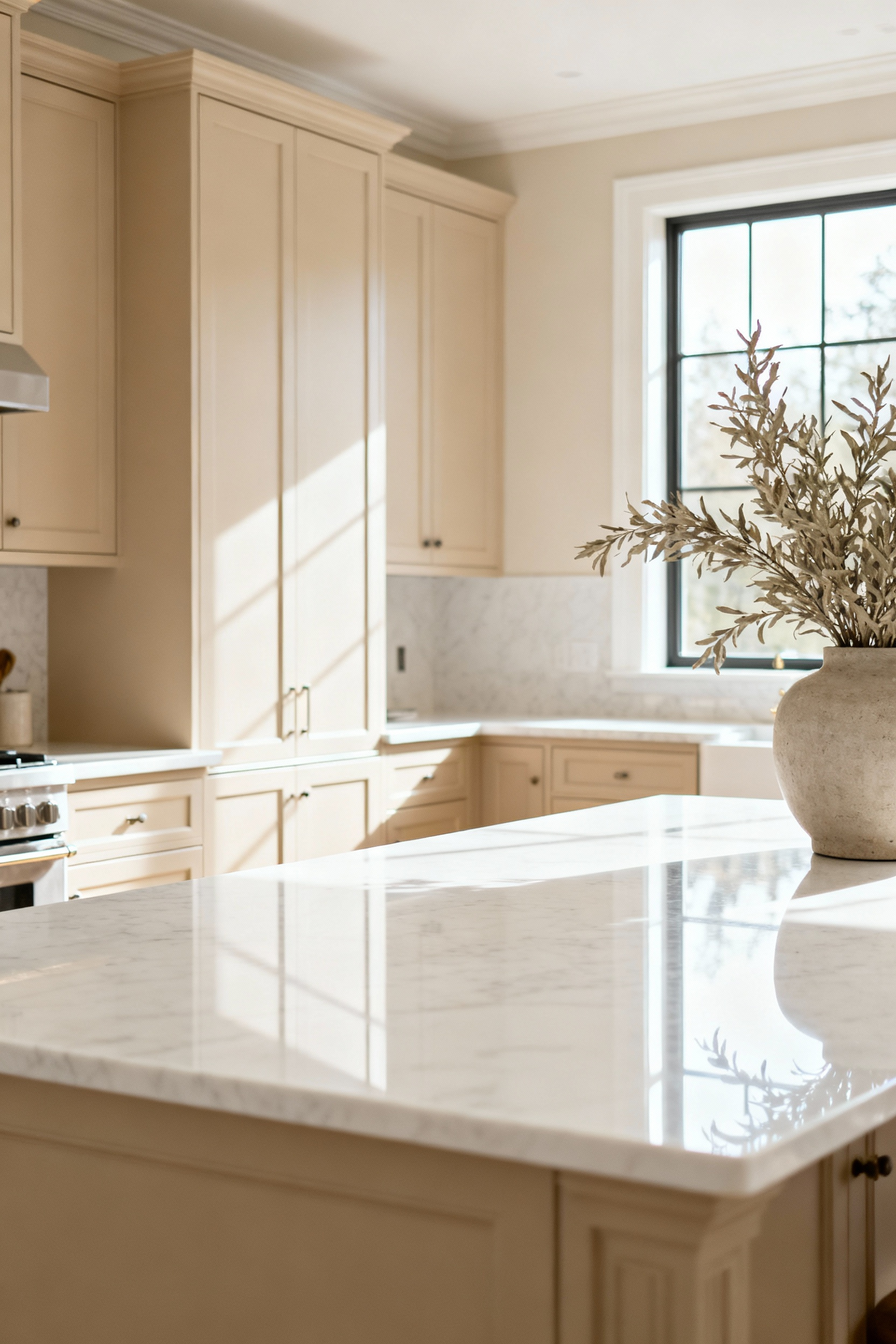 A bright, elegant beige kitchen featuring pristine white quartz countertops, reflecting natural light and creating visual definition. Beige cabinetry, a decorative plant, and warm lighting contribute to a serene and sophisticated atmosphere.