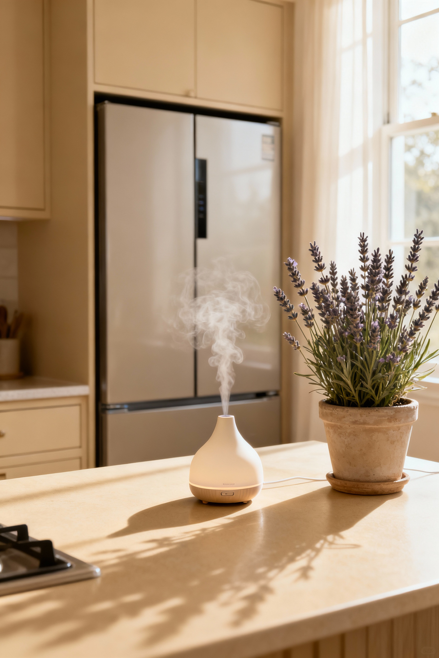 Beige kitchen with subtle natural aromas from a lavender plant and essential oil diffuser, showcasing quiet appliance integration for a tranquil sensory experience.