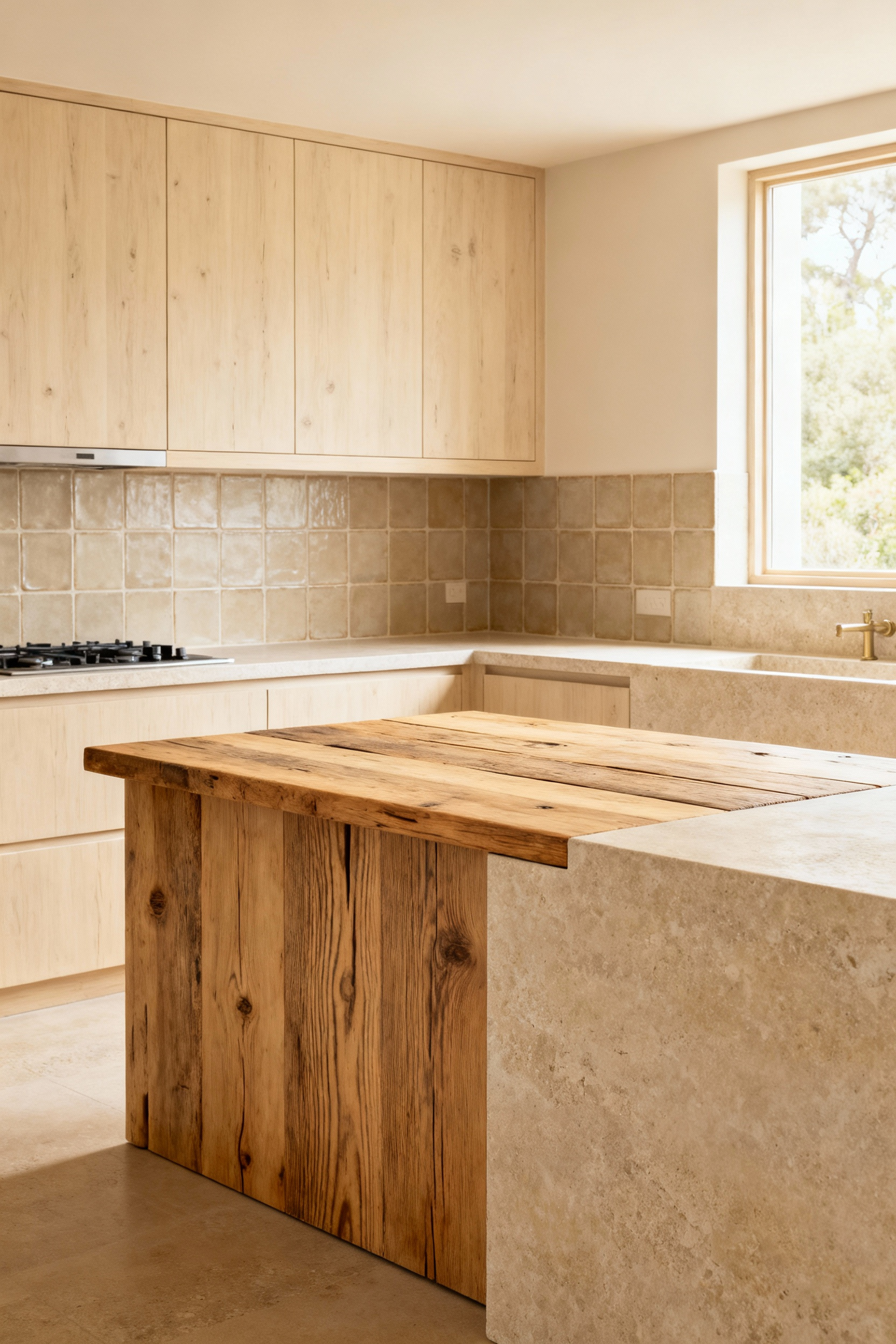 Serene beige kitchen with reclaimed wood island, recycled ceramic tile backsplash, and locally sourced timber cabinets, showcasing sustainable and natural materials.
