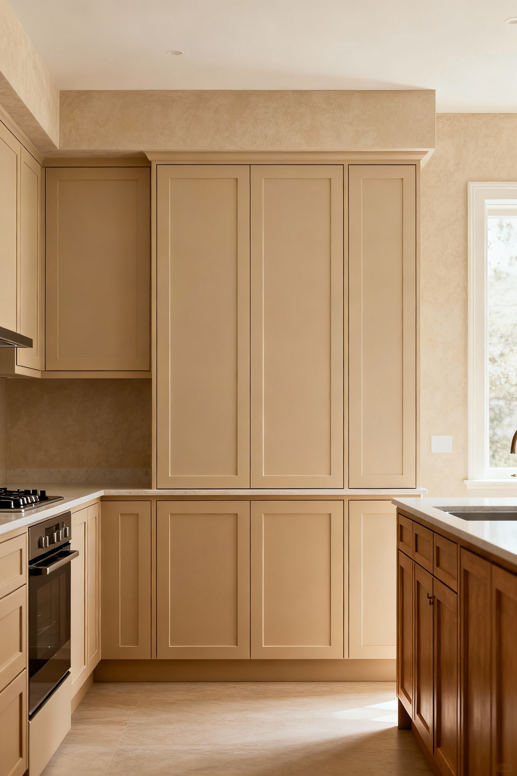 Modern kitchen with warm beige shaker cabinets and harmonious light linen-beige walls, demonstrating seamless design for beige kitchen ideas.