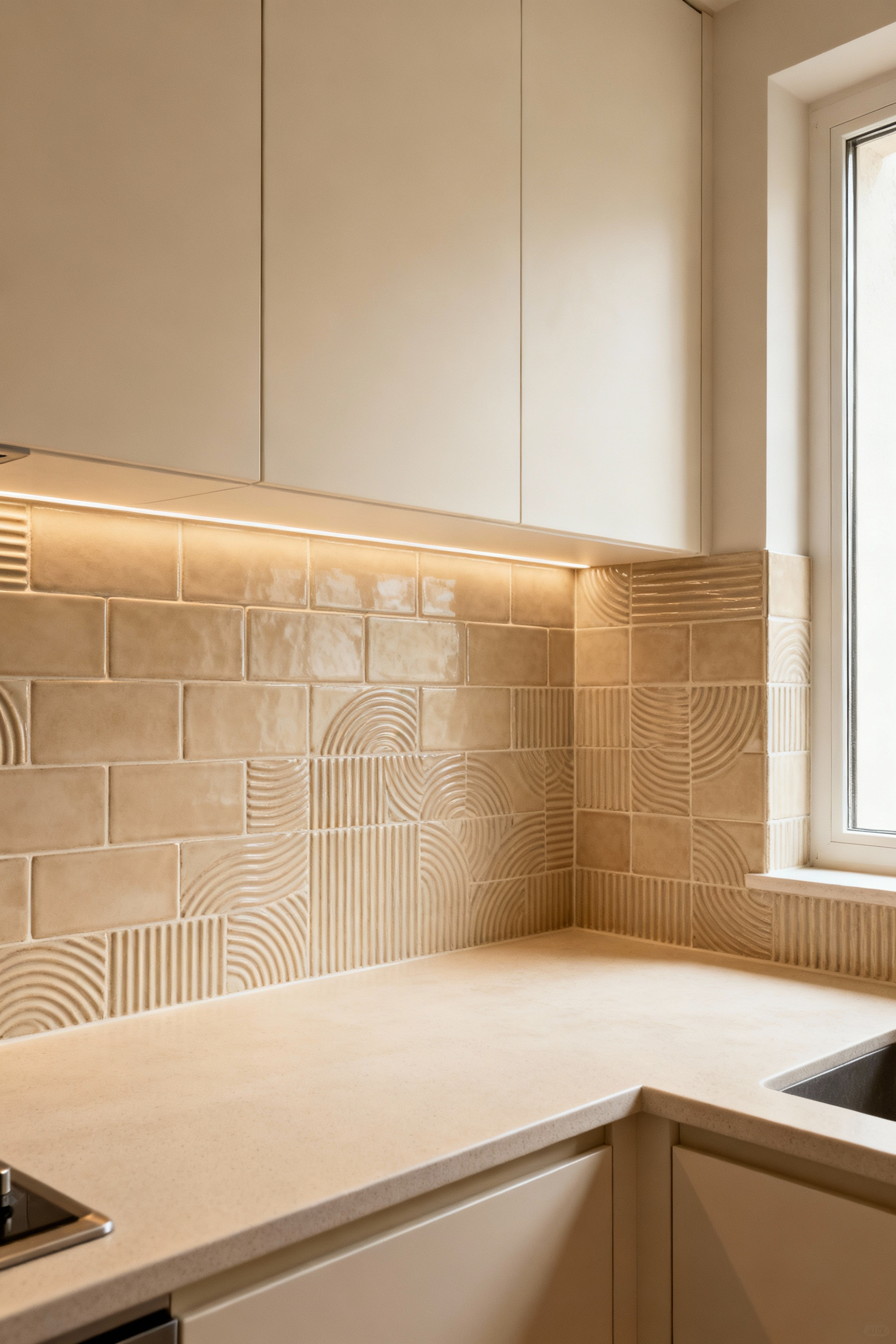 Elegant beige kitchen backsplash with textured tiles, providing visual depth between light countertops and cream cabinetry under soft ambient lighting.