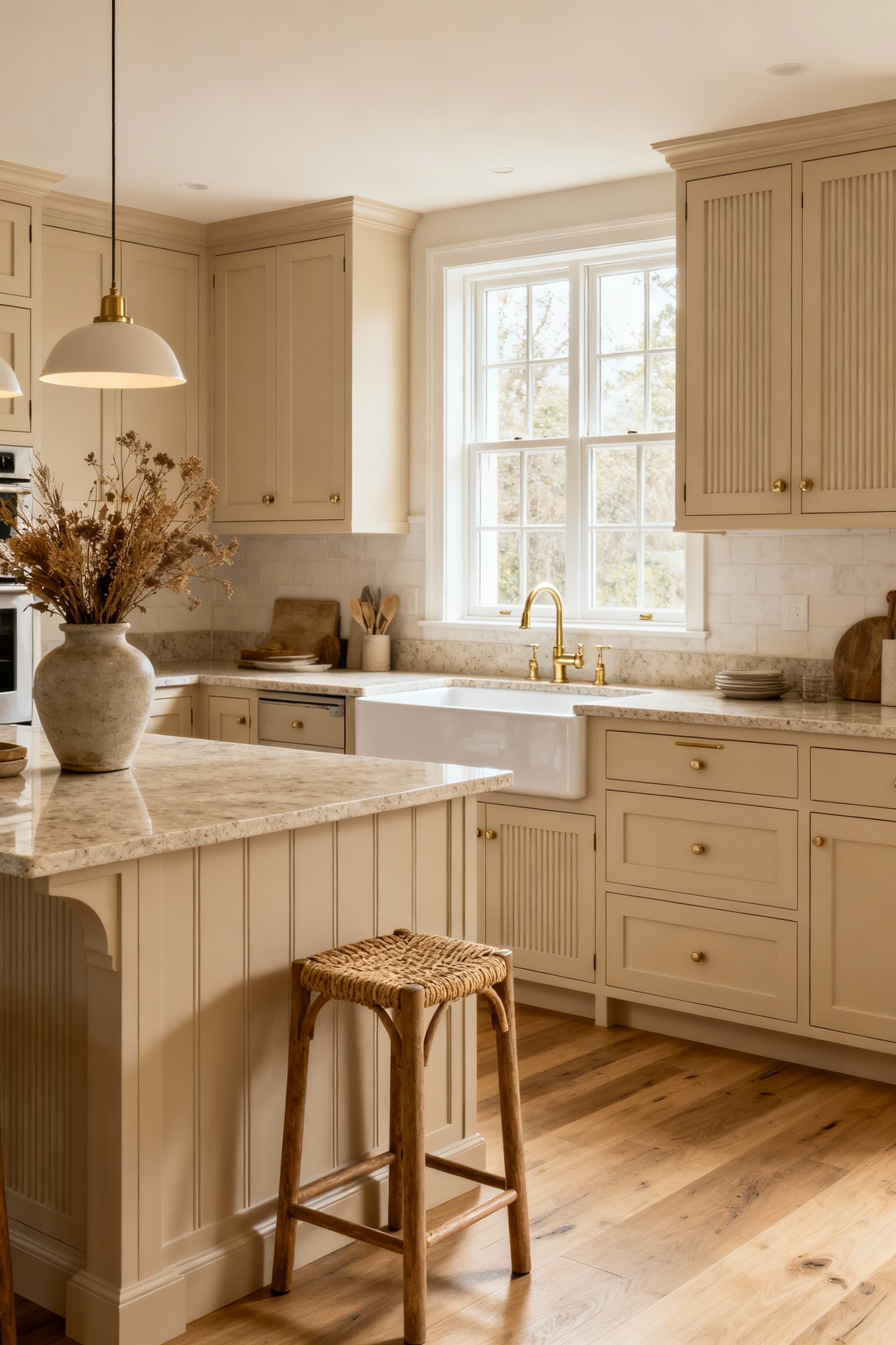 Elegant beige kitchen with durable materials and timeless design, showcasing future-proof aesthetics.