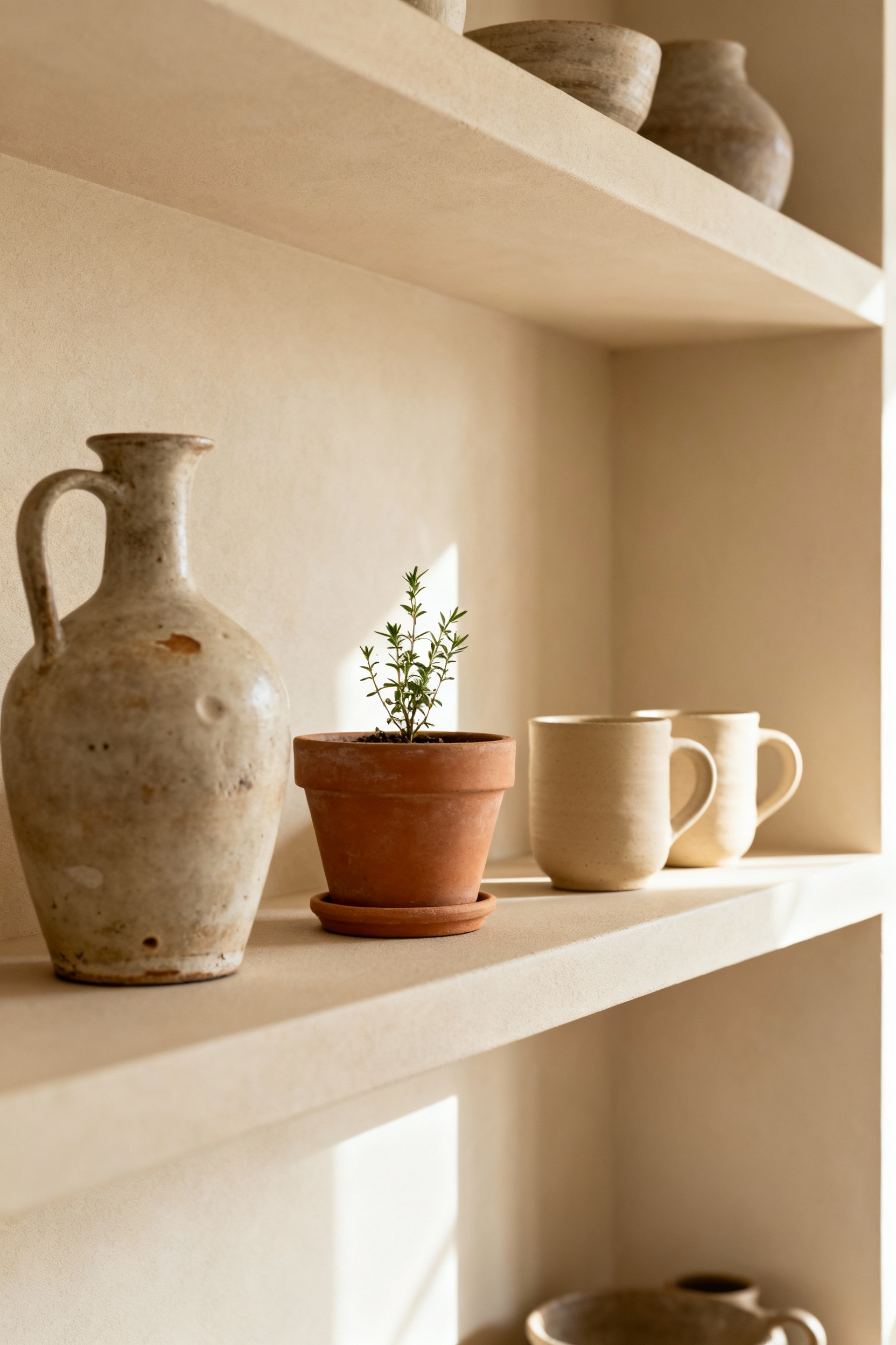 A collection of earthy ceramic elements including a stoneware vase, terracotta planter with herbs, and handmade mugs displayed on open shelving in a beige kitchen, emphasizing artisanal character and natural texture.