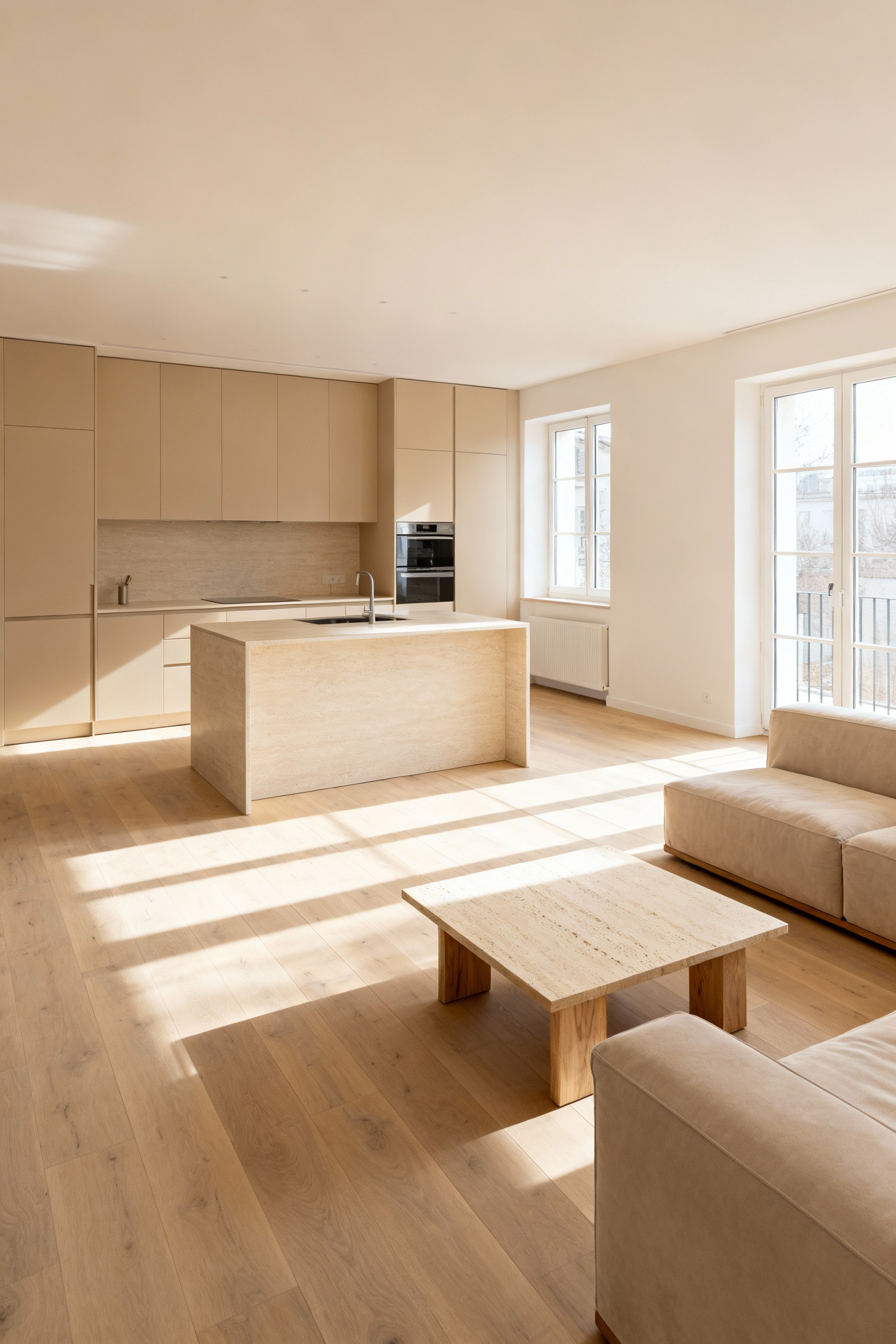 A professional photo of a modern open-concept beige kitchen flowing seamlessly into an adjacent beige living room, featuring matching light oak flooring and coordinated beige cabinetry and furniture.