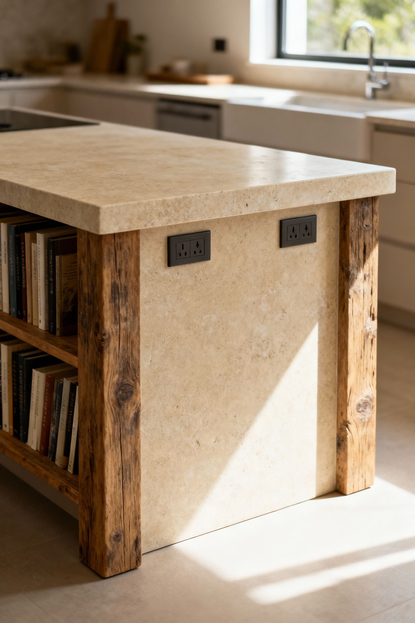 Modern beige kitchen with a practical and stylish central island, integrated seating, and storage. Warm lighting illuminates the quartz countertop.