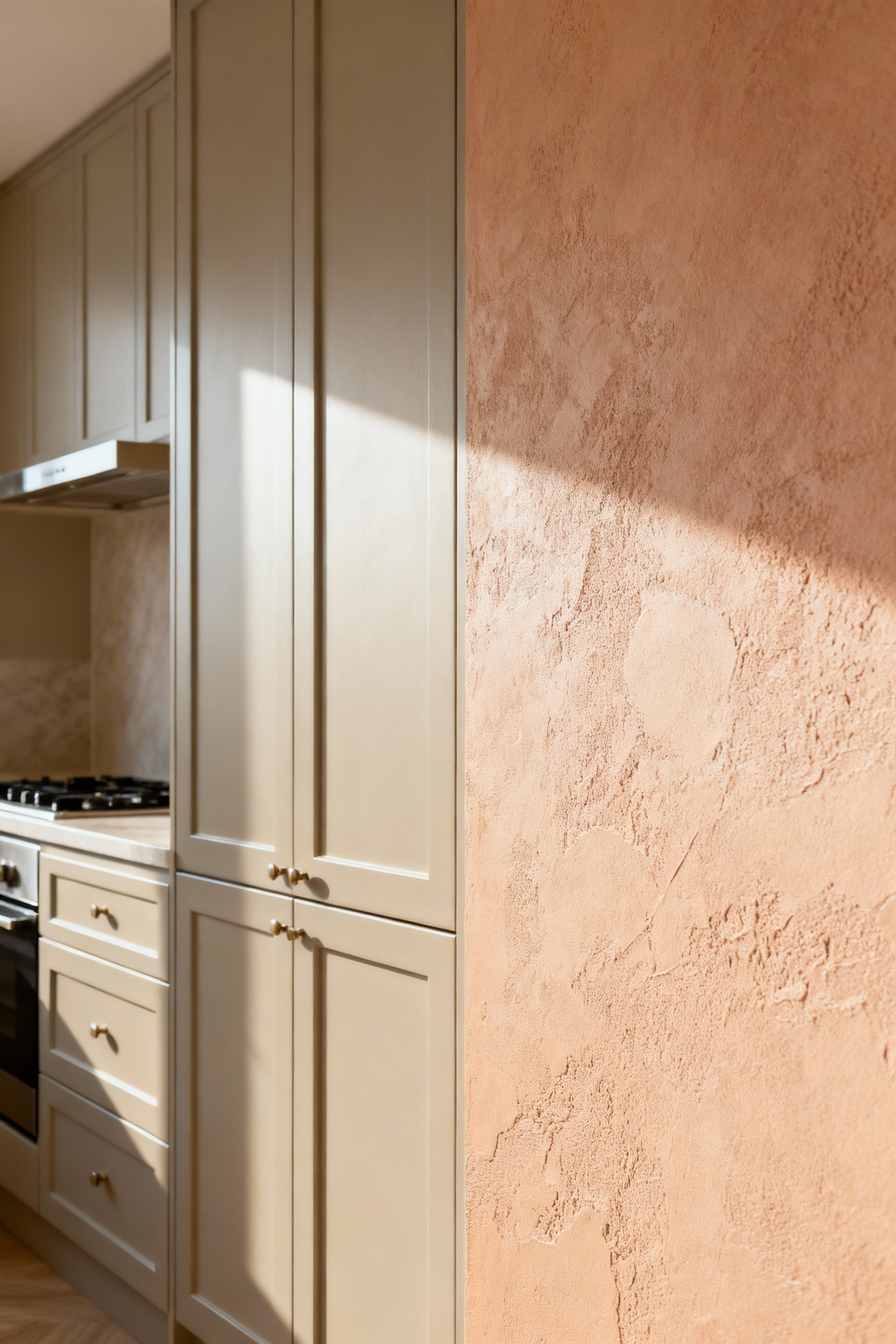 A sophisticated kitchen detail shot showcasing two harmonious beige undertones on cabinetry and wall, bathed in soft natural light, creating depth and warmth without appearing flat or drab, no people.