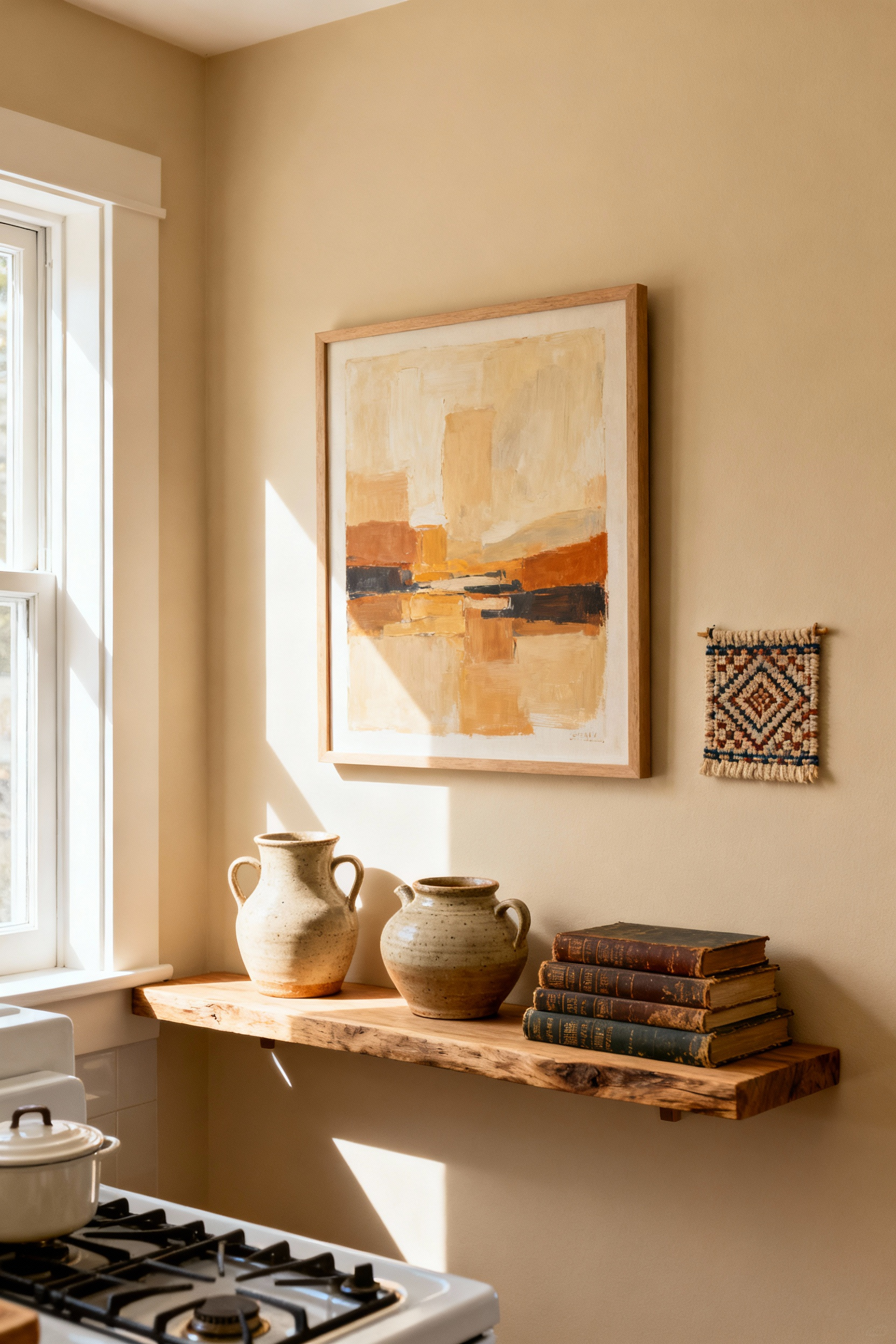 A beautifully curated beige kitchen corner featuring an abstract painting, woven tapestry, ceramic pottery, and cookbooks, embodying personalized beige kitchen decor.