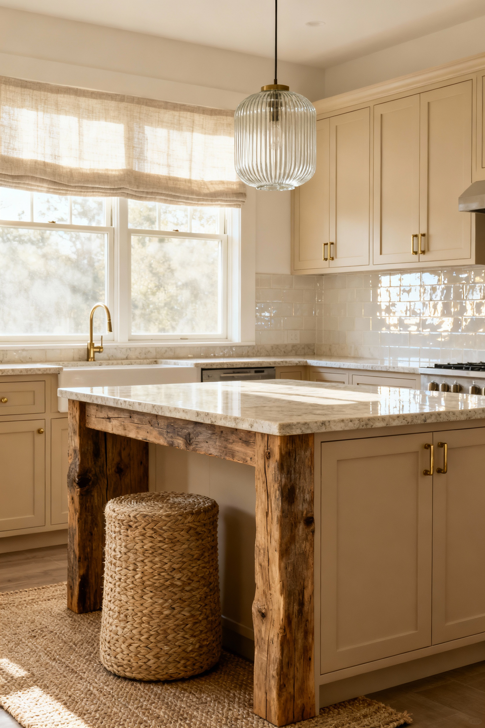 Beige kitchen interior showcasing a variety of textures including rough wood island, honed stone counter, matte cabinets, glossy tiles, linen curtain, woven stool, and brass hardware under natural light.