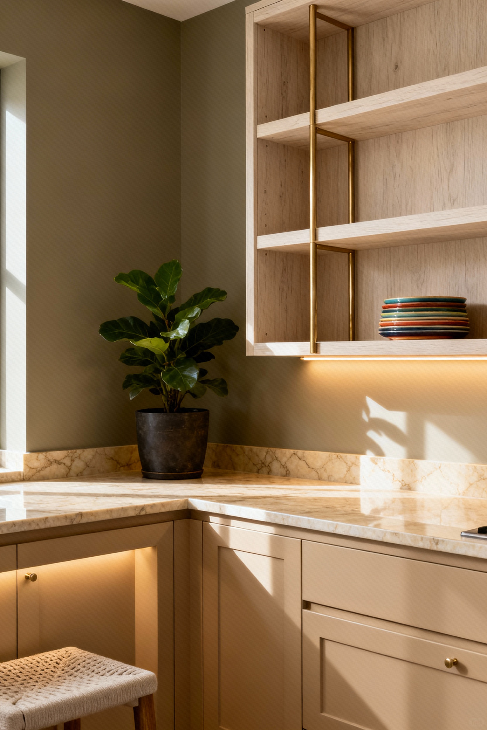 Sophisticated beige kitchen interior featuring layered textures, warm under-cabinet lighting, and subtle contrasts with a green plant and colorful ceramics. Matte beige cabinets with polished light beige quartz countertops, natural white oak shelving, and brushed brass hardware are visible, designed to avoid monotony.