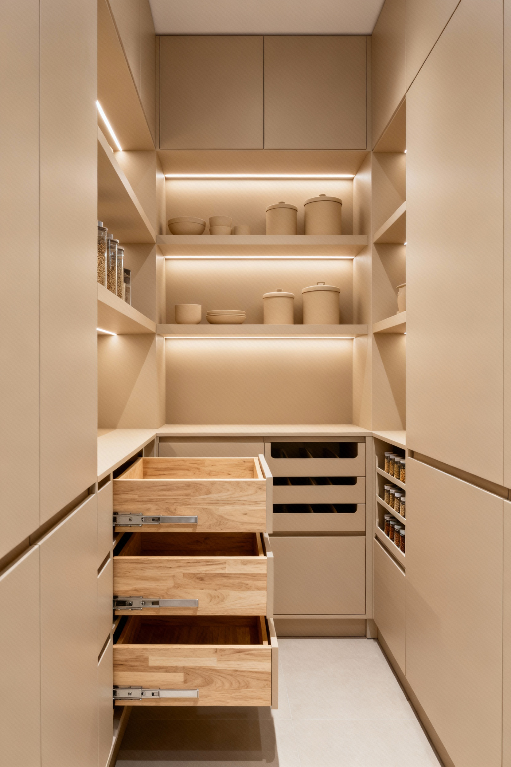 Modern beige pantry interior with discreet, integrated organizational solutions, including pull-out drawers, adjustable shelving, and internal LED lighting, showcasing seamless storage for kitchen essentials.