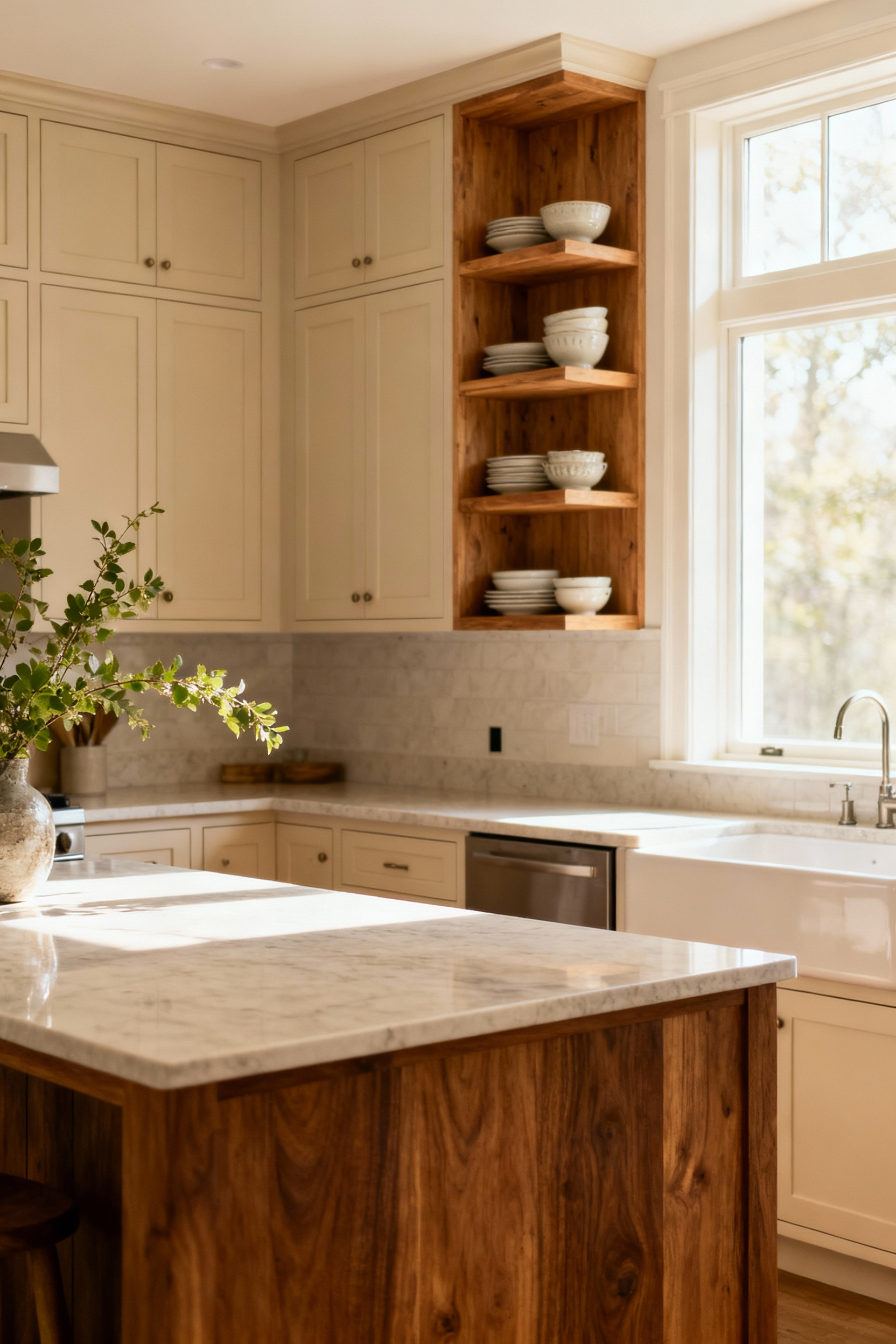 A serene beige kitchen featuring natural wood accents like a walnut island base and oak open shelves, adding warmth and visual interest to prevent monotony. The image shows professional interior design with harmonious colors.