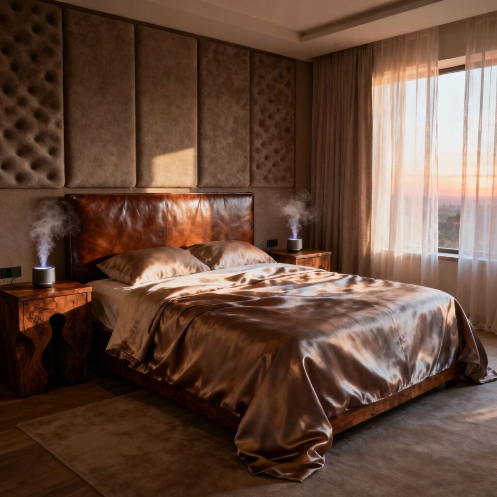 A serene luxury bedroom featuring an organic silk bed, heirloom timber nightstands, leather headboard, and soft ambient lighting, designed for personalized well-being.