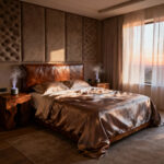 A serene luxury bedroom featuring an organic silk bed, heirloom timber nightstands, leather headboard, and soft ambient lighting, designed for personalized well-being.