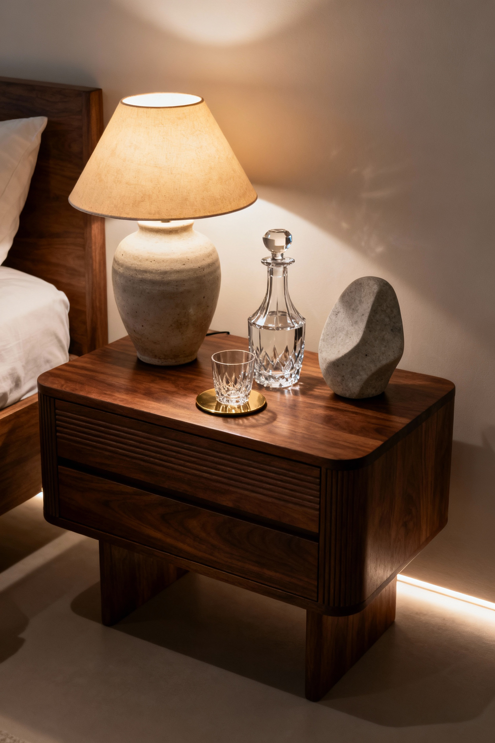Elegant bedside vignette with a hand-polished walnut table, an artisanal ceramic lamp, crystal carafe, and a sculptural art piece, creating a serene and luxurious atmosphere for pre-sleep rituals.