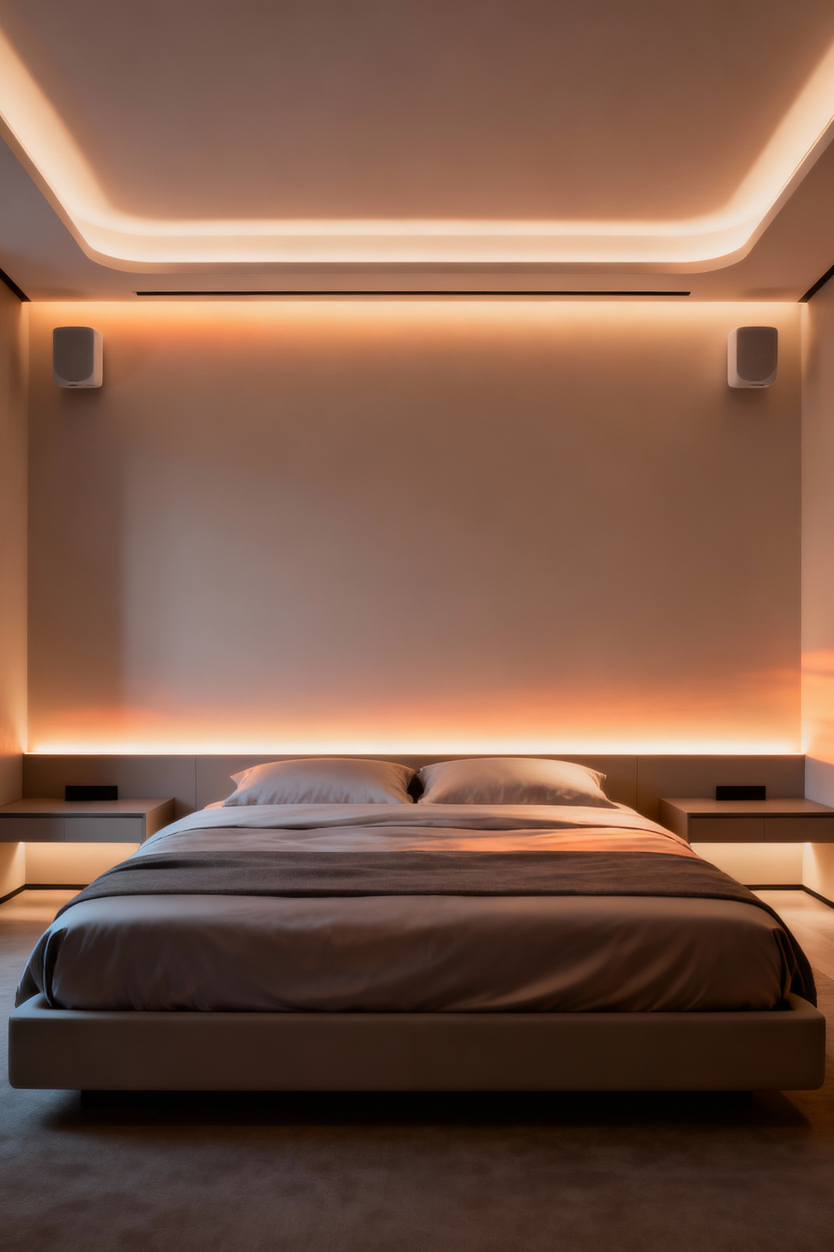 A luxury bedroom with intelligent ambient lighting and climate control features, creating a serene and modern smart bedroom environment for ultimate relaxation.