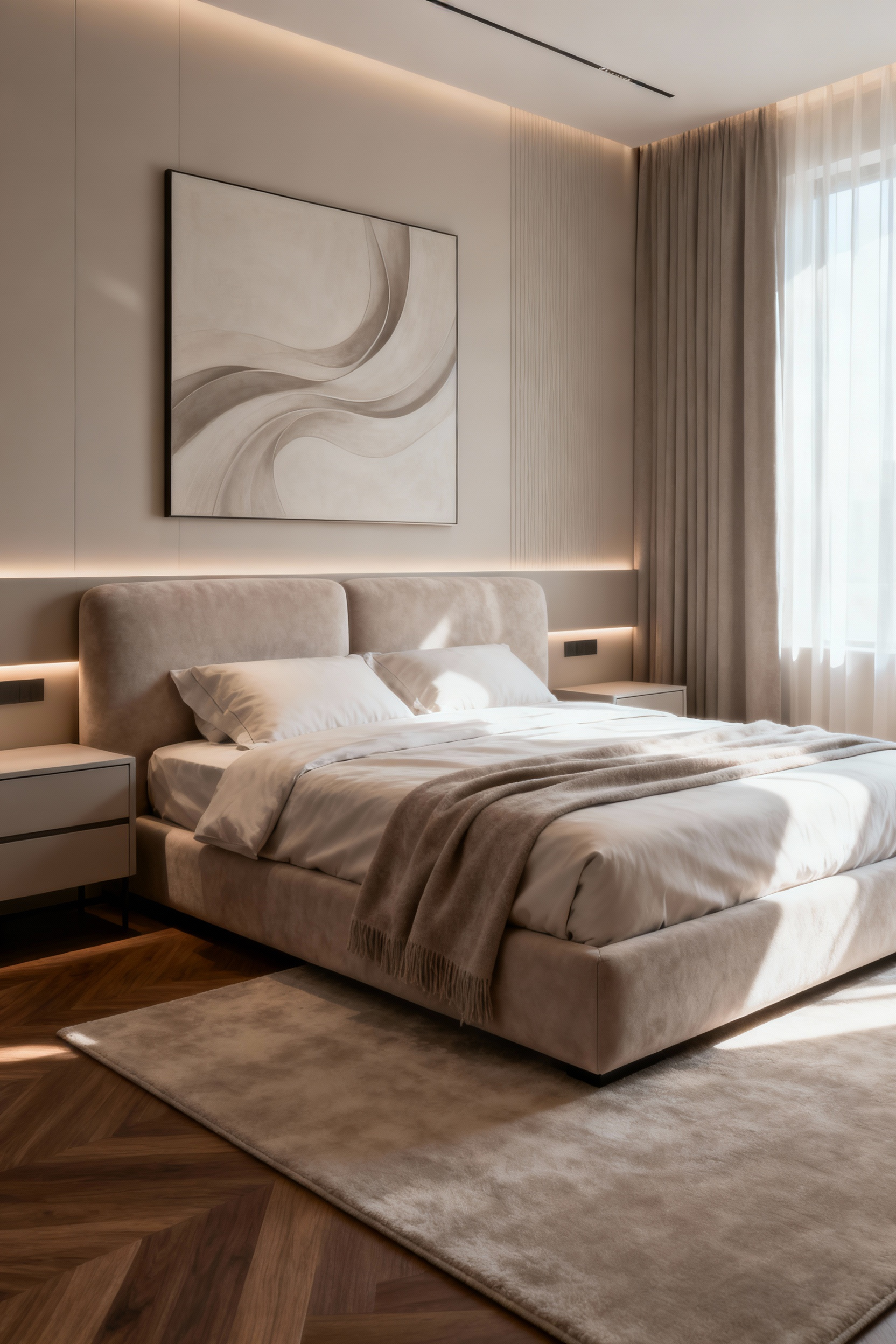 Luxurious bedroom designed with aesthetic synchronicity, featuring harmonious proportions, a cohesive color palette, and elegant minimalist furniture, exuding tranquility and peace.